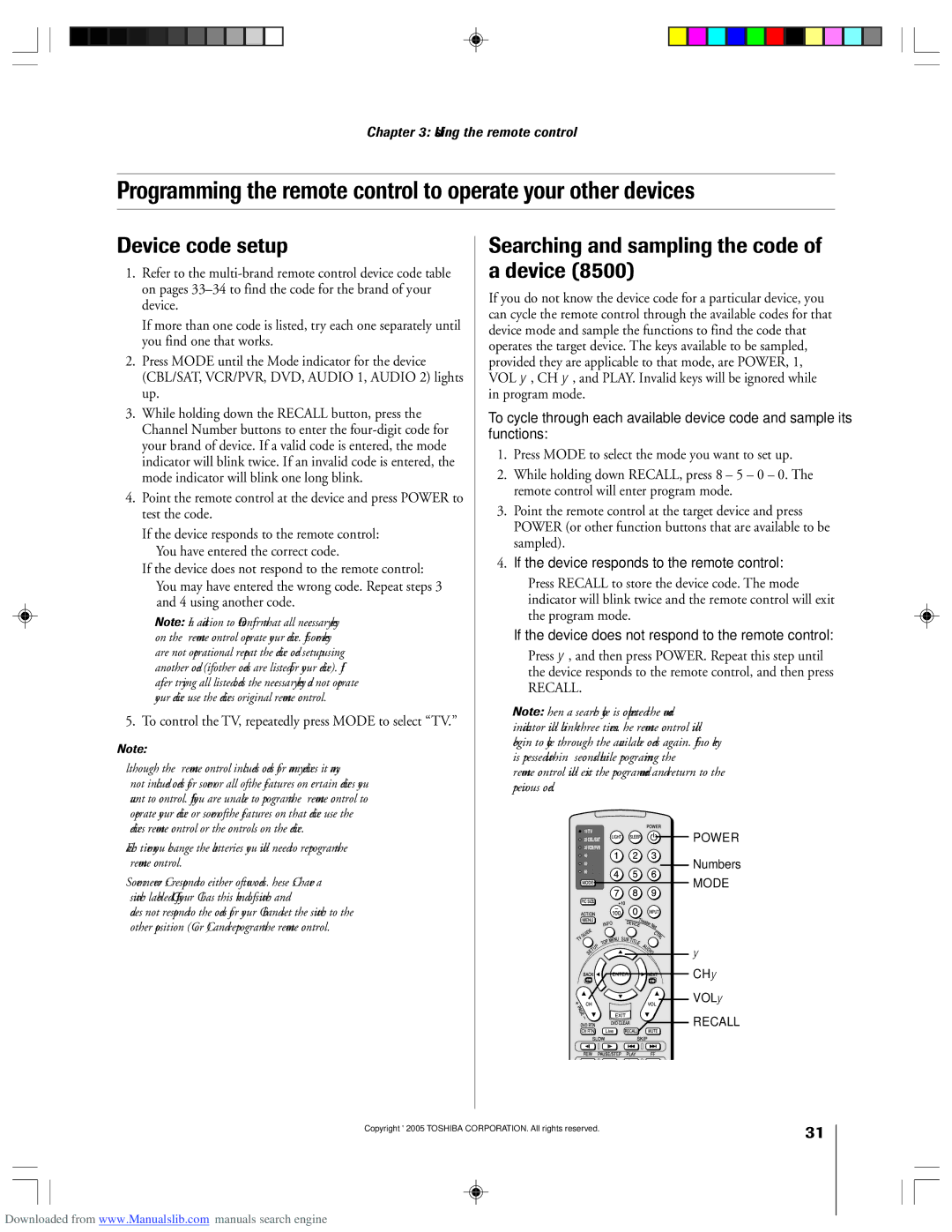 Toshiba 62HM15A owner manual Device code setup, Searching and sampling the code of a device, Numbers, CH y VOL y 