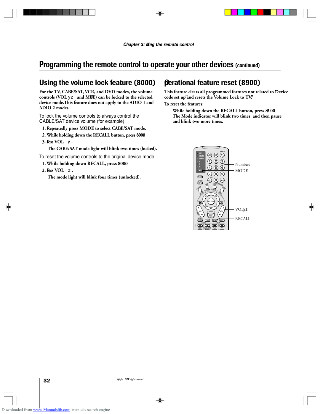 Toshiba 62HM15A Using the volume lock feature, Operational feature reset, Repeatedly press Mode to select CABLE/SAT mode 