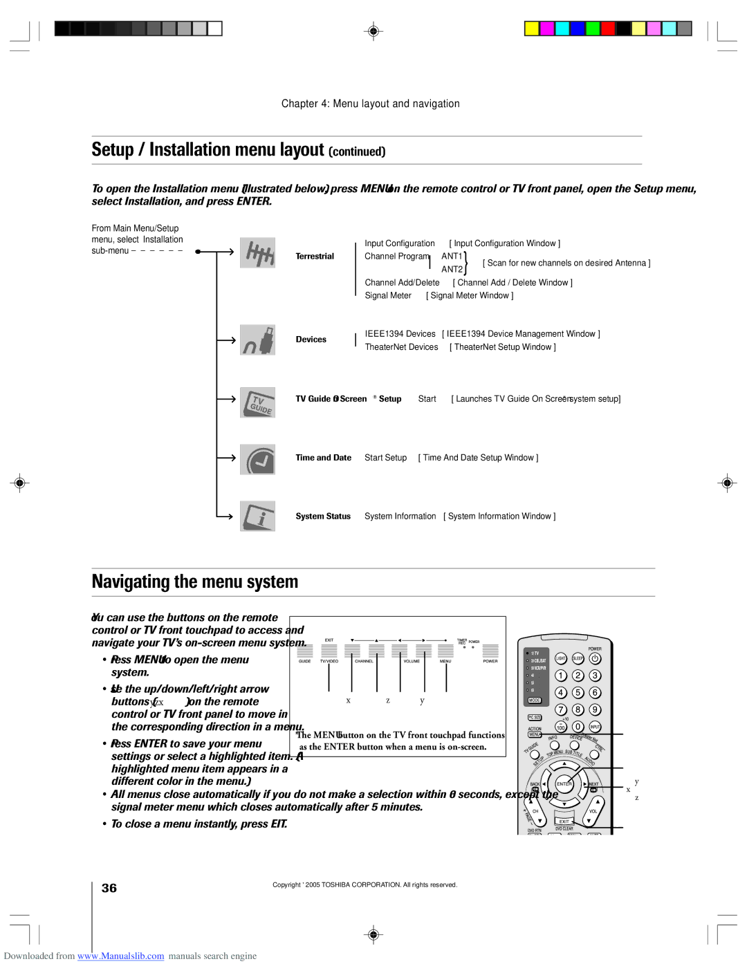 Toshiba 62HM15A Setup / Installation menu layout, Navigating the menu system, You can use the buttons on the remote 