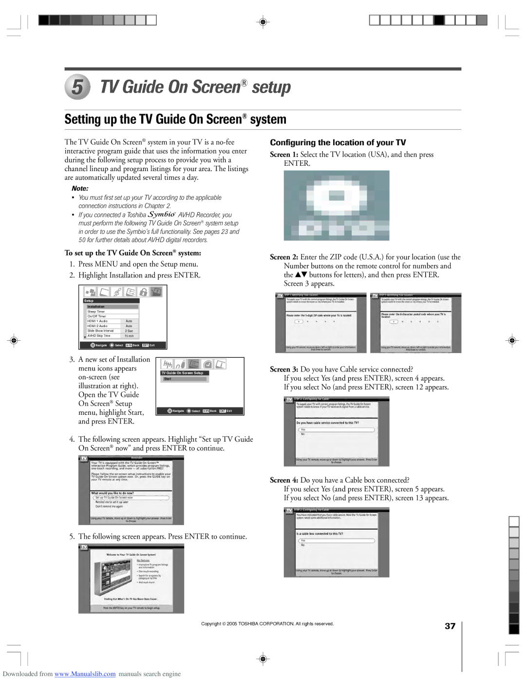 Toshiba 62HM15A owner manual Setting up the TV Guide On Screen system, Screen 1 Select the TV location USA, and then press 