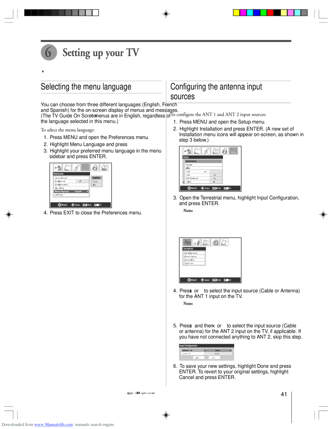 Toshiba 62HM15A owner manual Setting up your TV, Selecting the menu language, Configuring the antenna input sources 