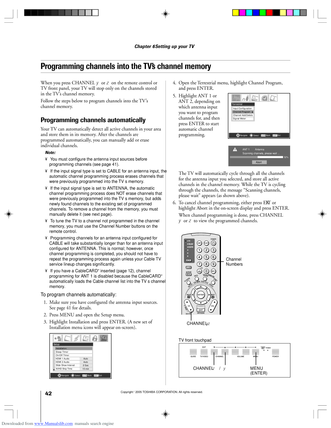 Toshiba 62HM15A owner manual Programming channels into the TV’s channel memory, Programming channels automatically 