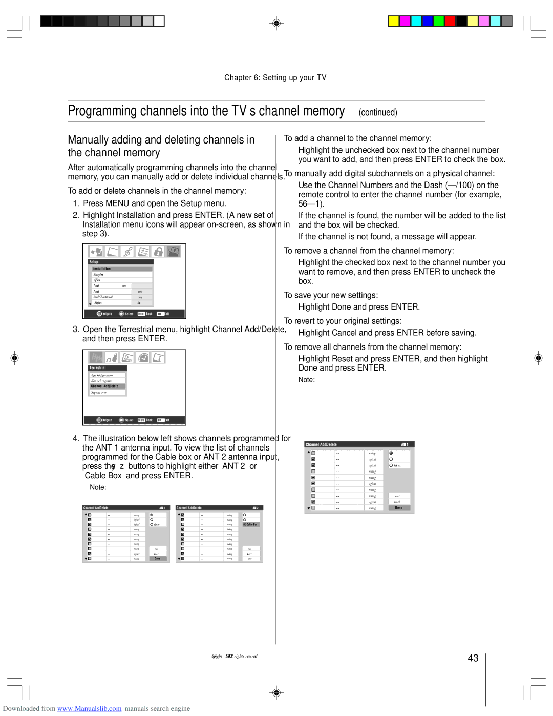 Toshiba 62HM15A owner manual Manually adding and deleting channels in the channel memory 