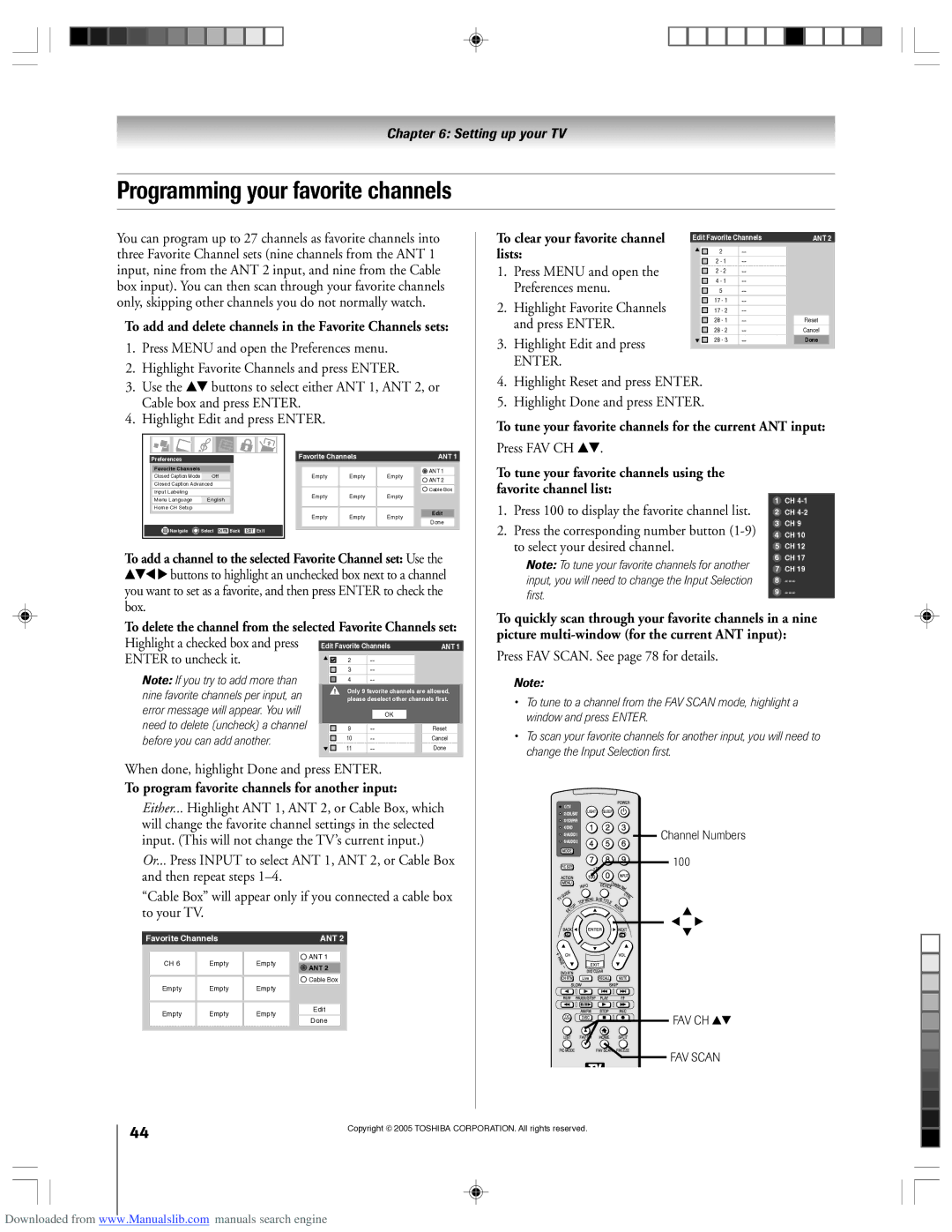 Toshiba 62HM15A Programming your favorite channels, To add and delete channels in the Favorite Channels sets, Lists 