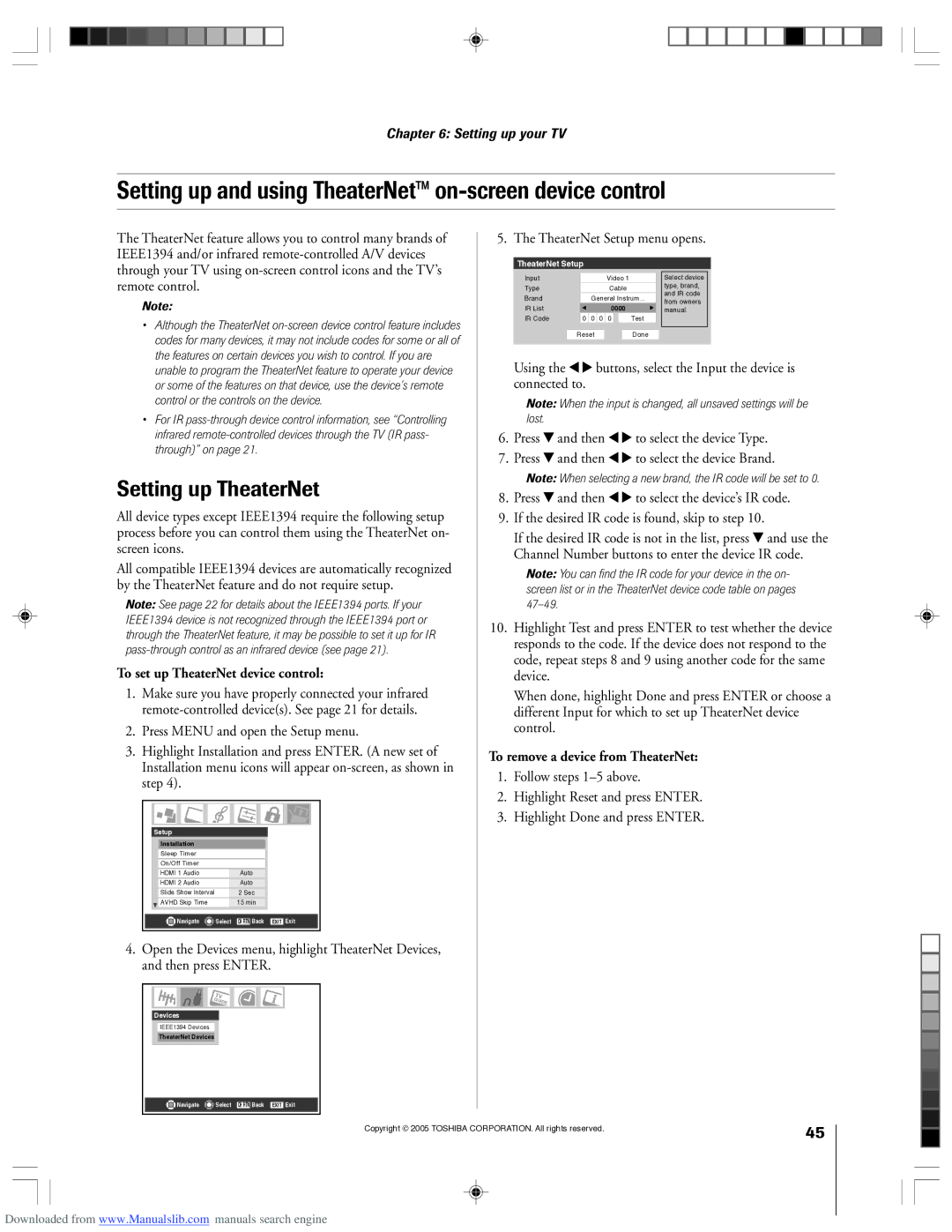 Toshiba 62HM15A owner manual Setting up and using TheaterNet on-screen device control, Setting up TheaterNet 