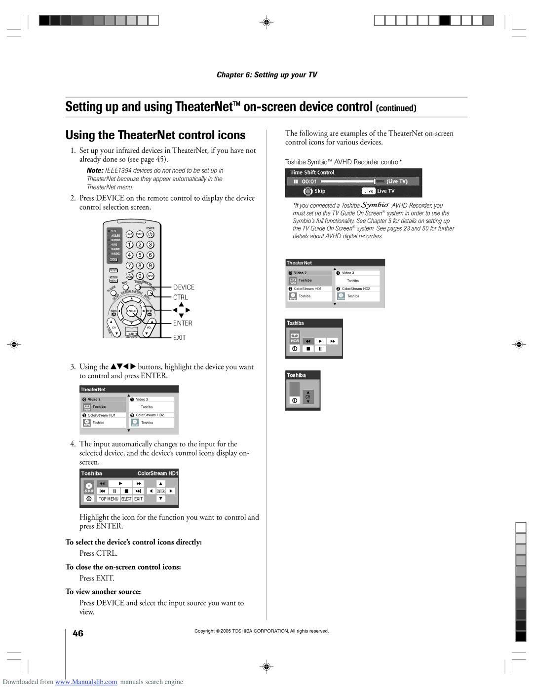 Toshiba 62HM15A Using the TheaterNet control icons, To select the device’s control icons directly, To view another source 