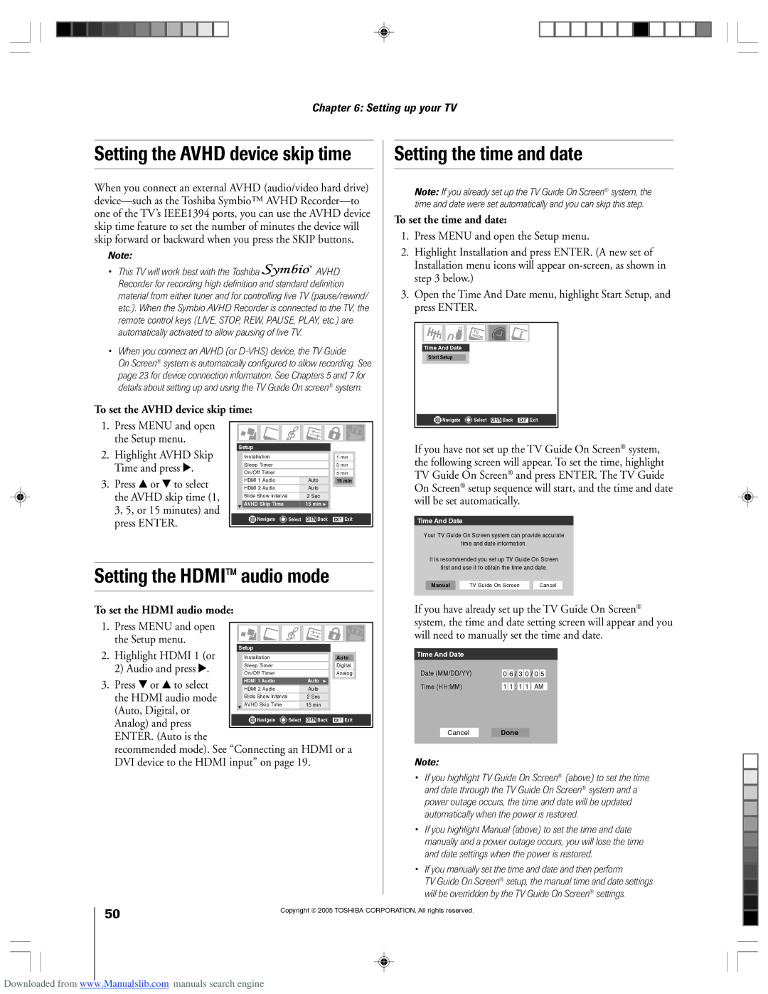 Toshiba 62HM15A owner manual Setting the Avhd device skip time, Setting the time and date, Setting the Hdmi audio mode 