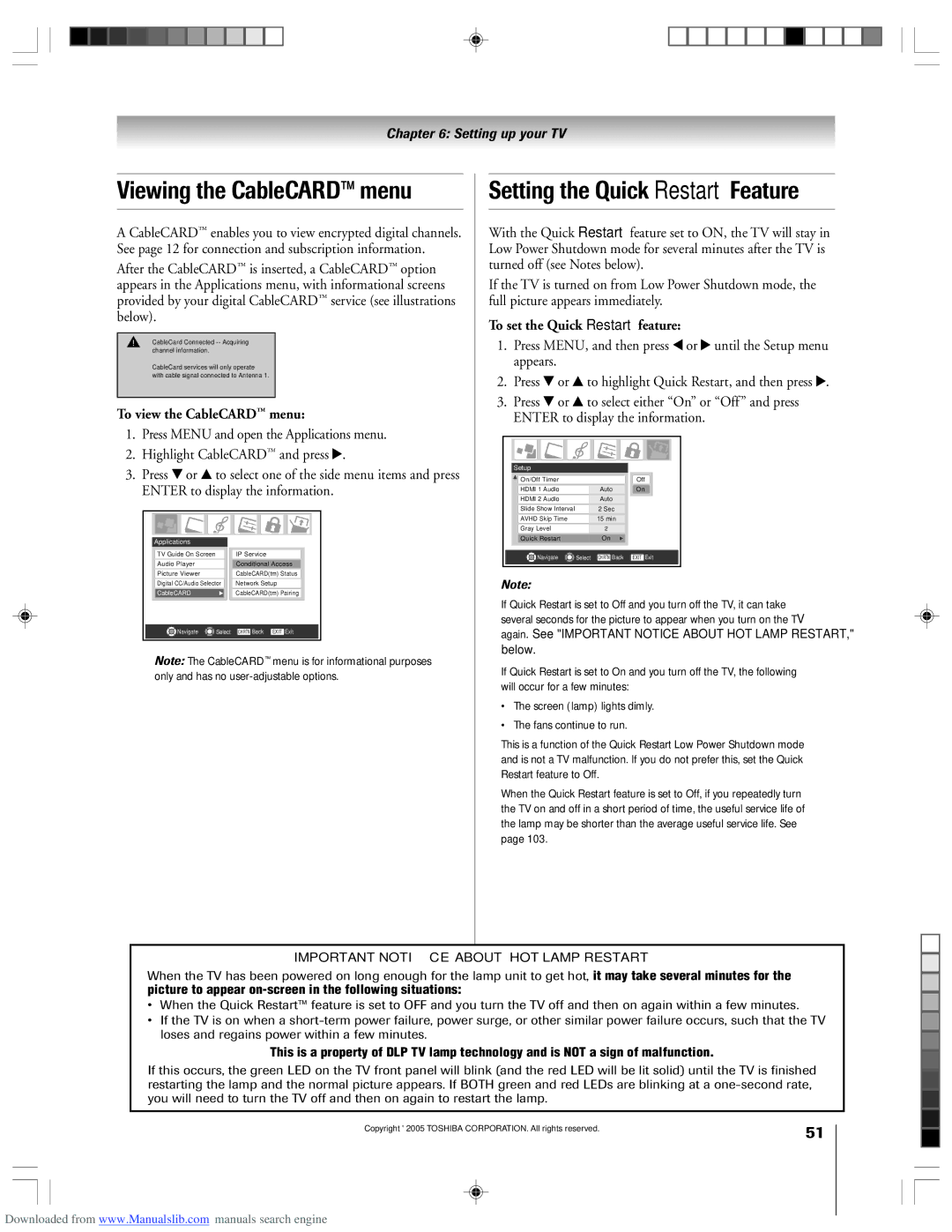 Toshiba 62HM15A owner manual Viewing the CableCARD menu, Setting the Quick Restart Feature, To view the CableCARD menu 