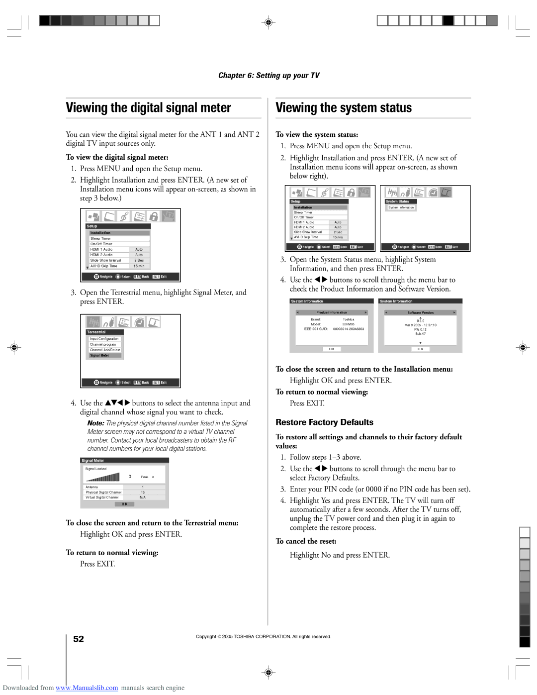 Toshiba 62HM15A owner manual Viewing the digital signal meter, Viewing the system status 