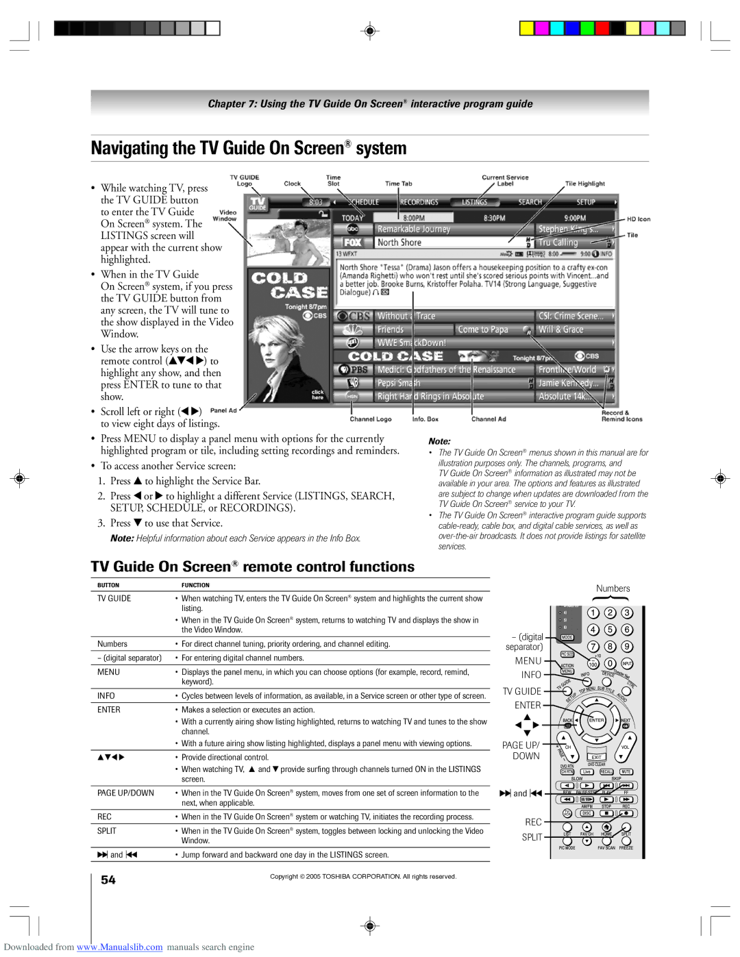 Toshiba 62HM15A owner manual Navigating the TV Guide On Screen system, TV Guide On Screen remote control functions 