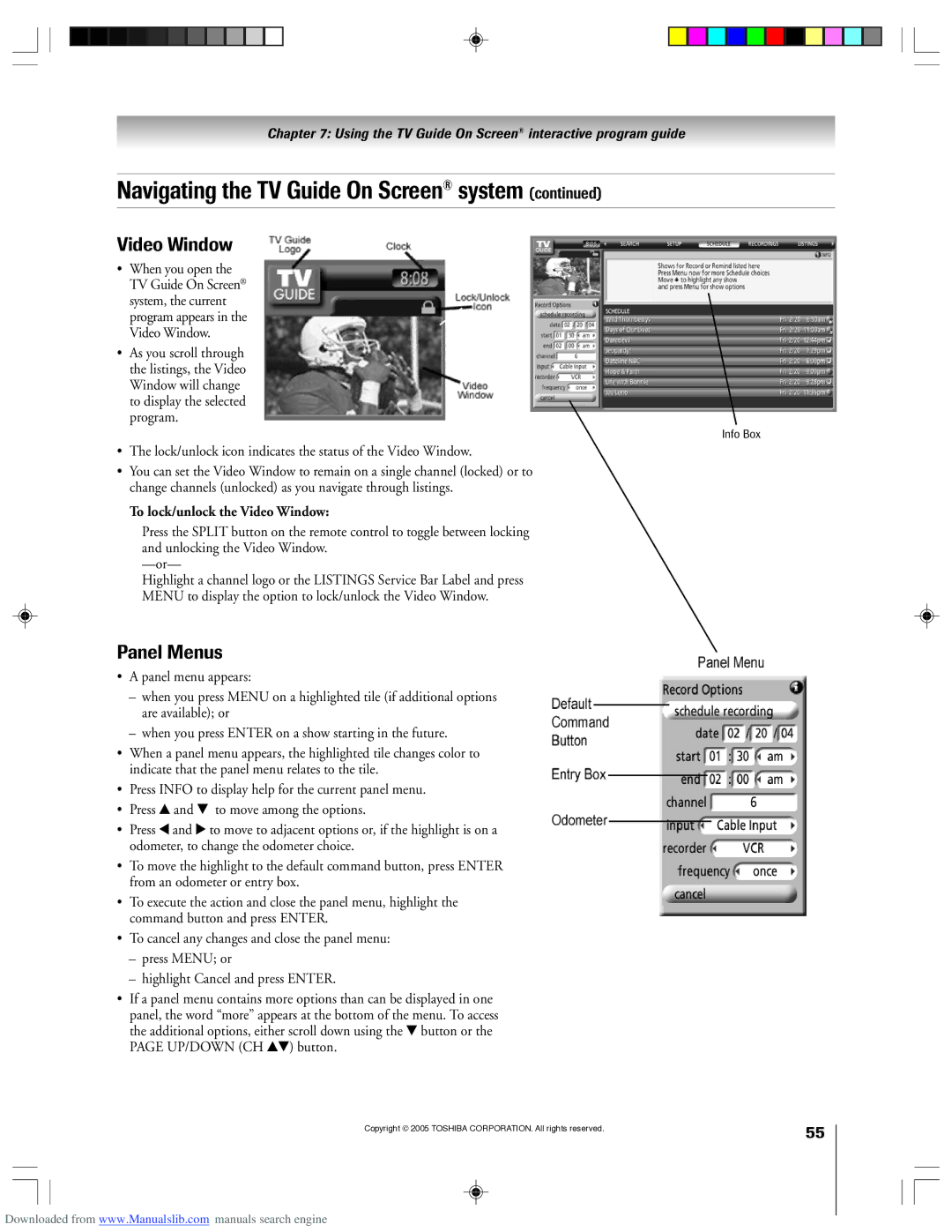 Toshiba 62HM15A Panel Menus, System, the current program appears in the Video Window, To lock/unlock the Video Window 