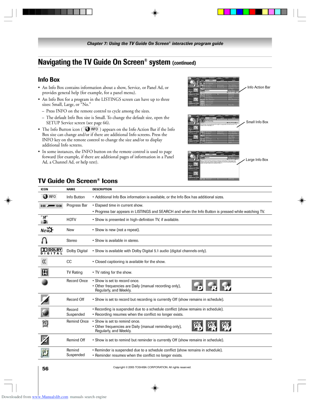 Toshiba 62HM15A owner manual Info Box, TV Guide On Screen Icons, ¥ Show is presented in high-definition TV, if available 