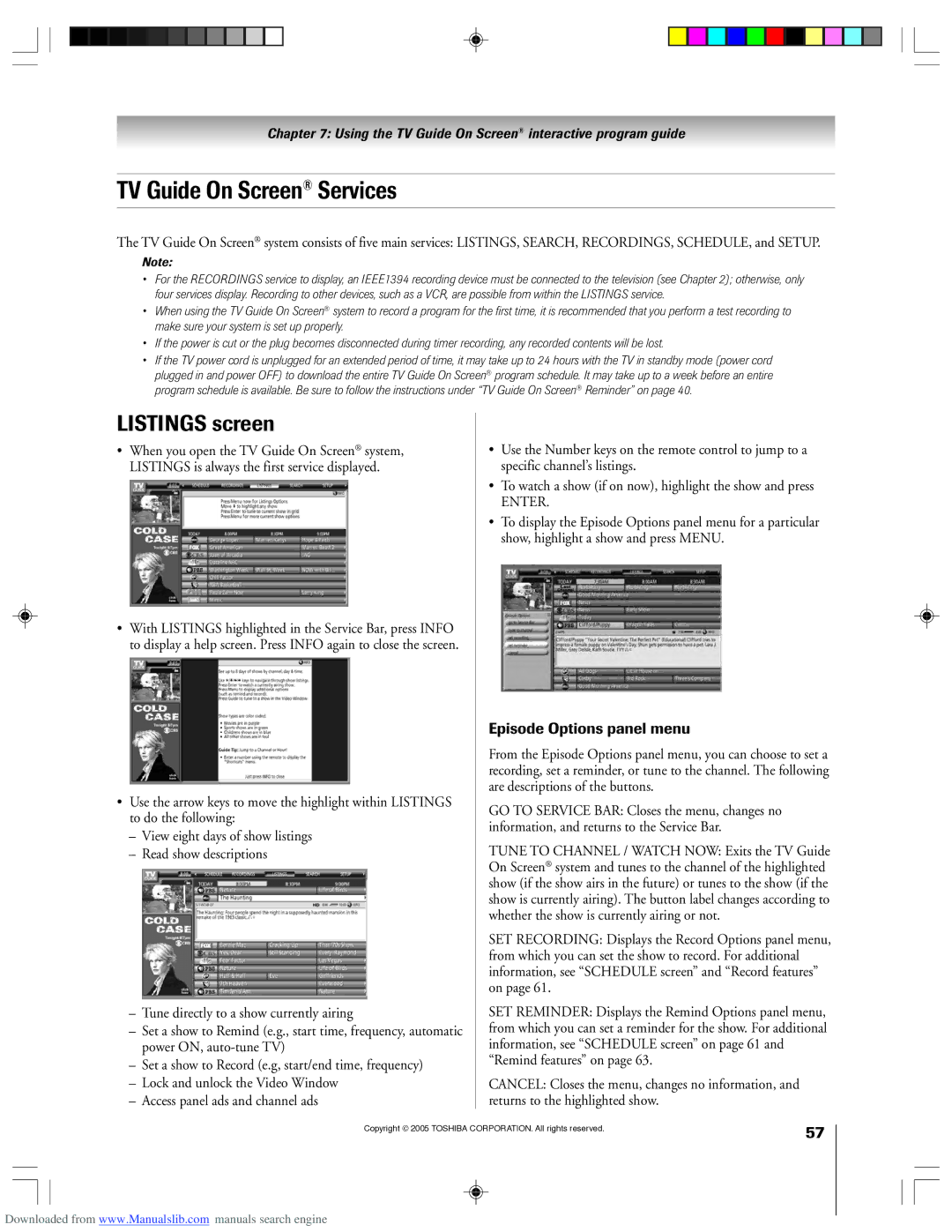 Toshiba 62HM15A owner manual TV Guide On Screen Services, Listings screen 