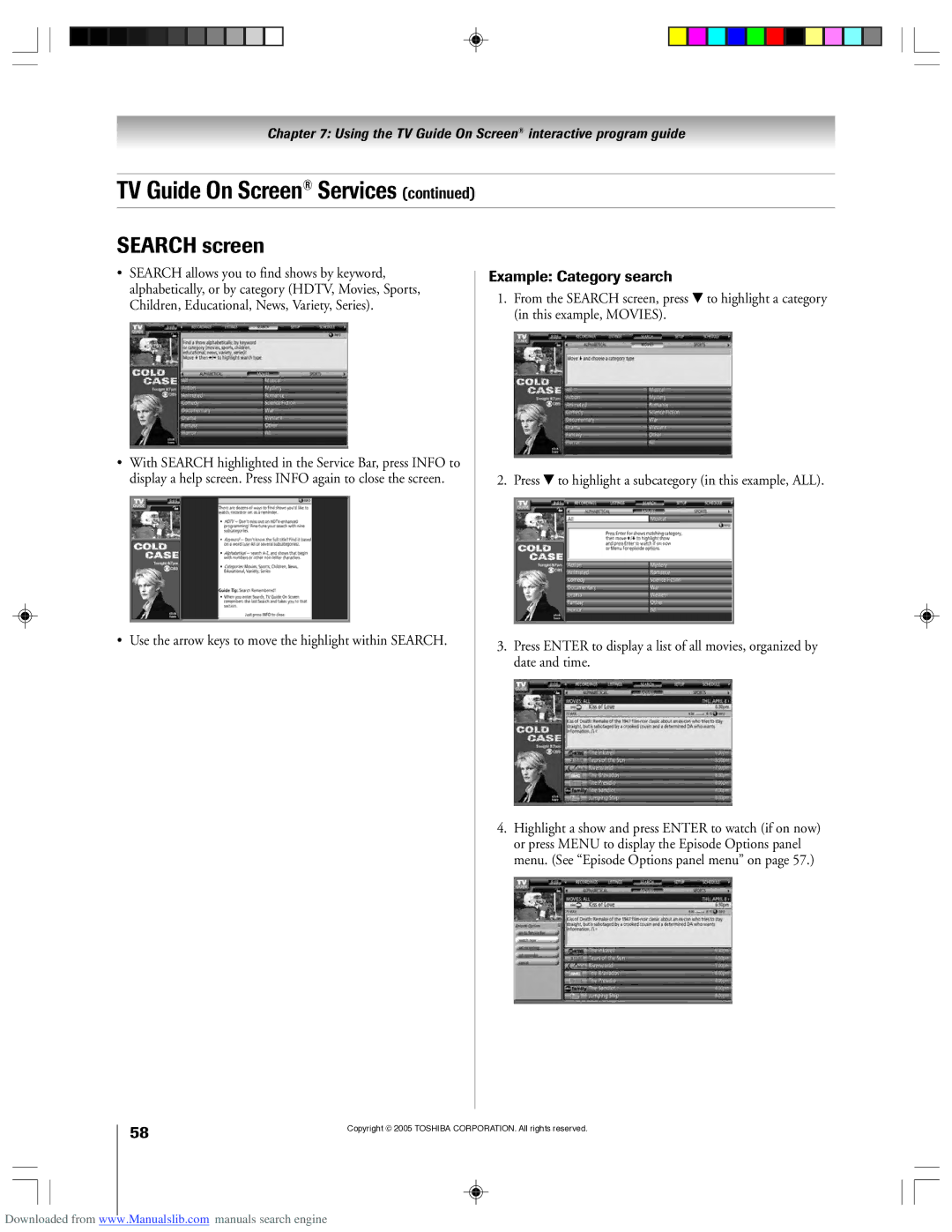 Toshiba 62HM15A owner manual Search screen, Example Category search 