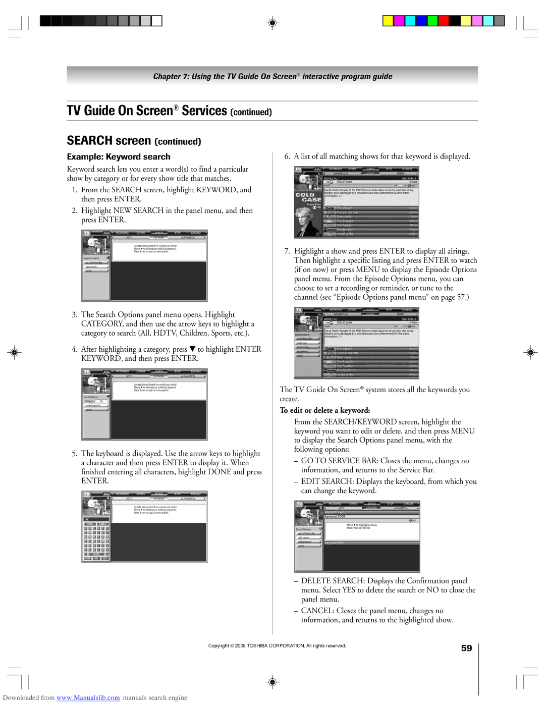 Toshiba 62HM15A owner manual List of all matching shows for that keyword is displayed, To edit or delete a keyword 