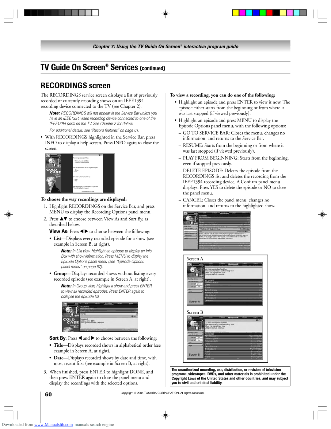 Toshiba 62HM15A owner manual Recordings screen, To choose the way recordings are displayed, Screen a Screen B 