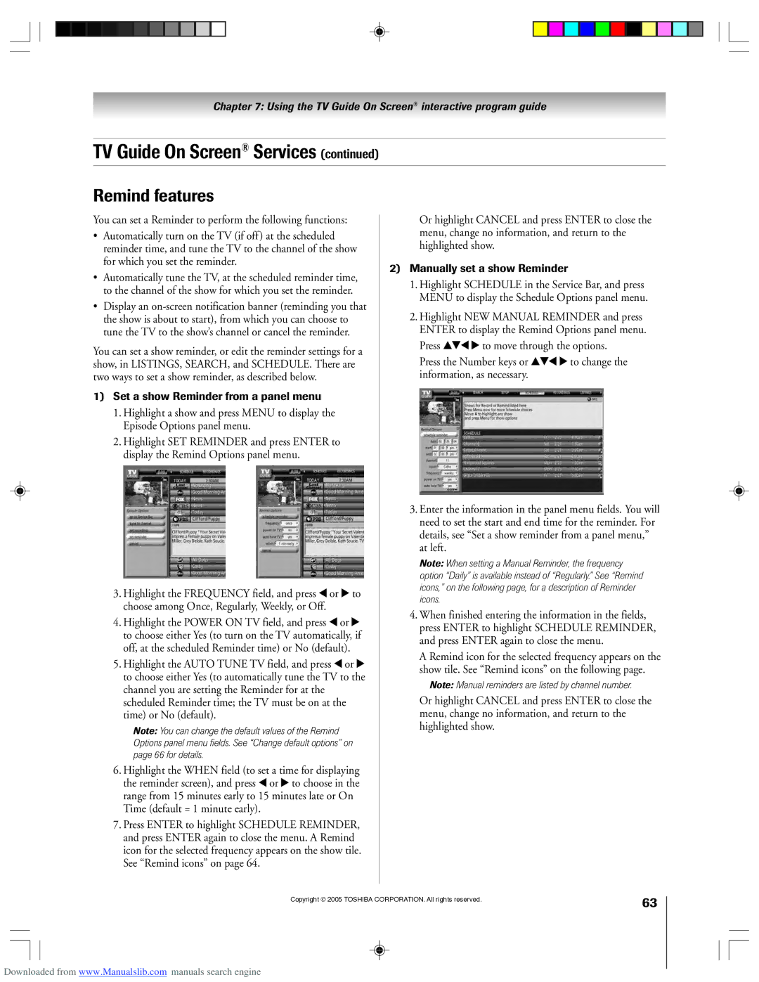 Toshiba 62HM15A owner manual Remind features, Set a show Reminder from a panel menu, Manually set a show Reminder 