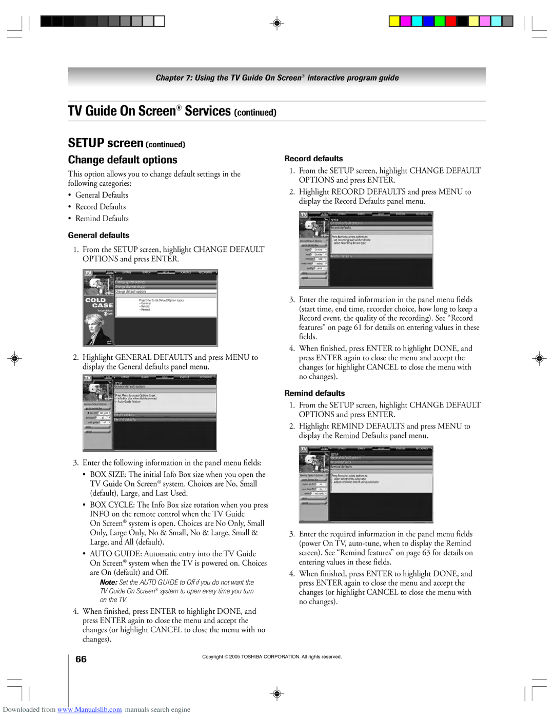 Toshiba 62HM15A owner manual Change default options, General defaults, Record defaults, Remind defaults 