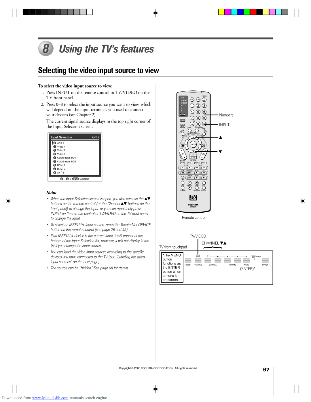 Toshiba 62HM15A Using the TV’s features, Selecting the video input source to view, Channel zy TV front touchpad 