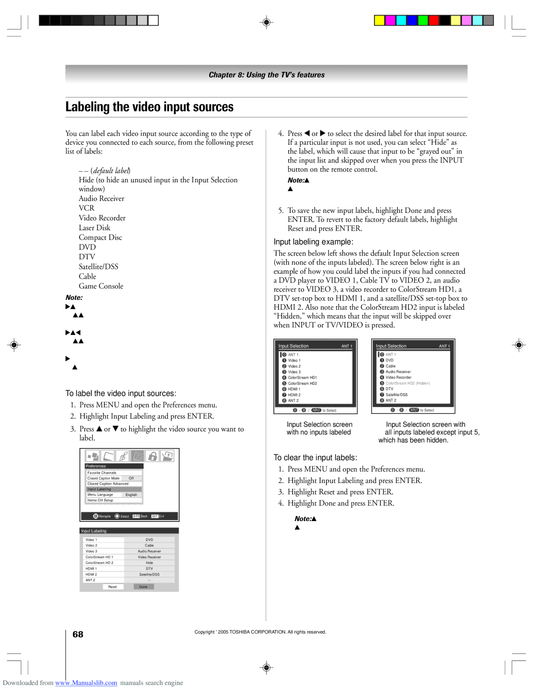 Toshiba 62HM15A Labeling the video input sources, DTV Satellite/DSS Cable Game Console, To label the video input sources 