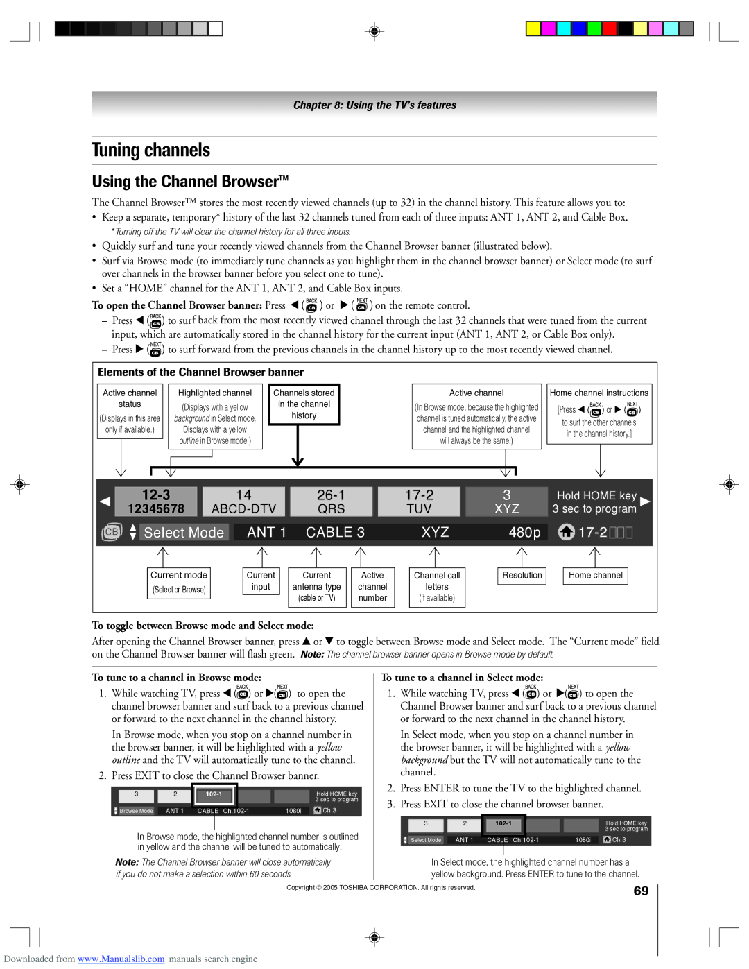 Toshiba 62HM15A owner manual Tuning channels, Using the Channel Browser, To toggle between Browse mode and Select mode 