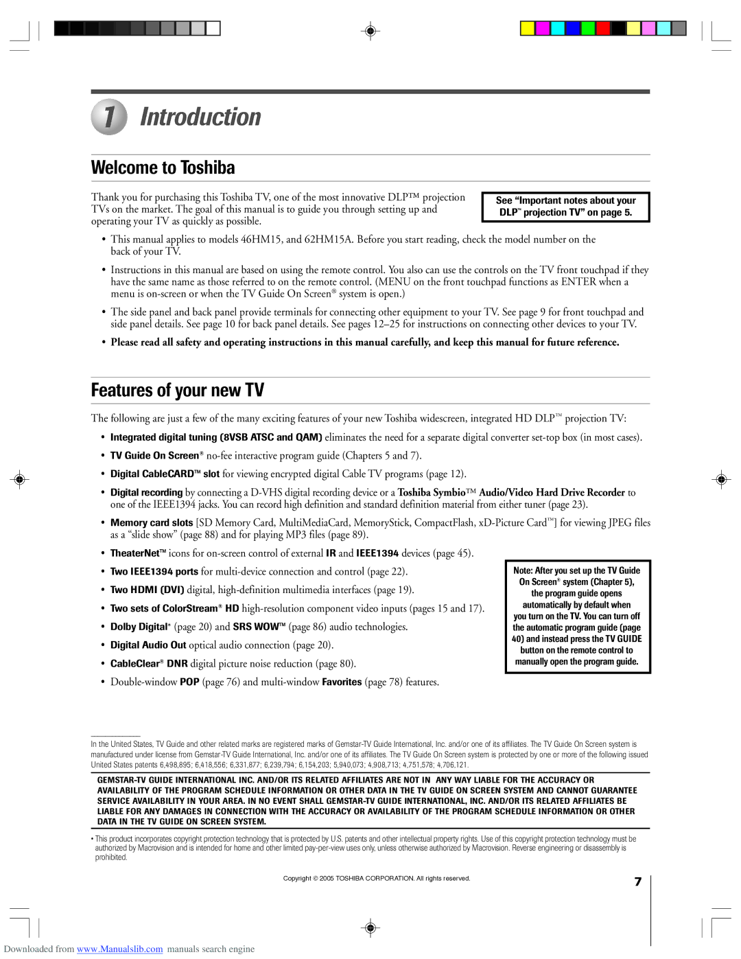 Toshiba 62HM15A owner manual Introduction, Welcome to Toshiba, Features of your new TV 