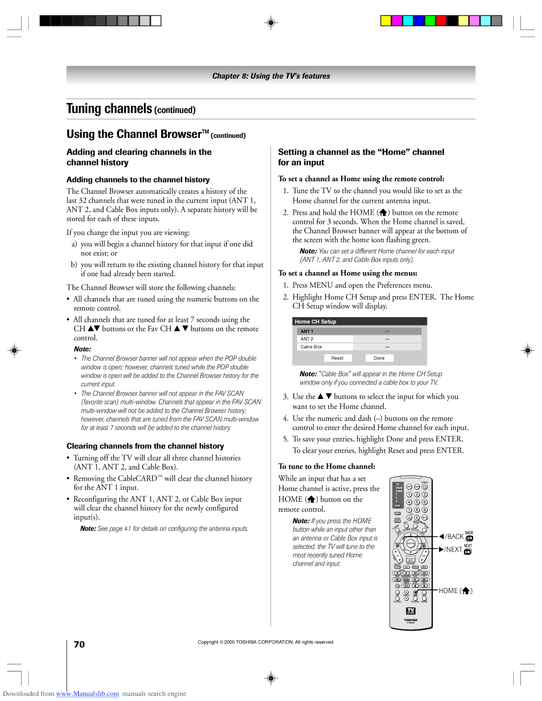 Toshiba 62HM15A owner manual To set a channel as Home using the remote control, To set a channel as Home using the menus 