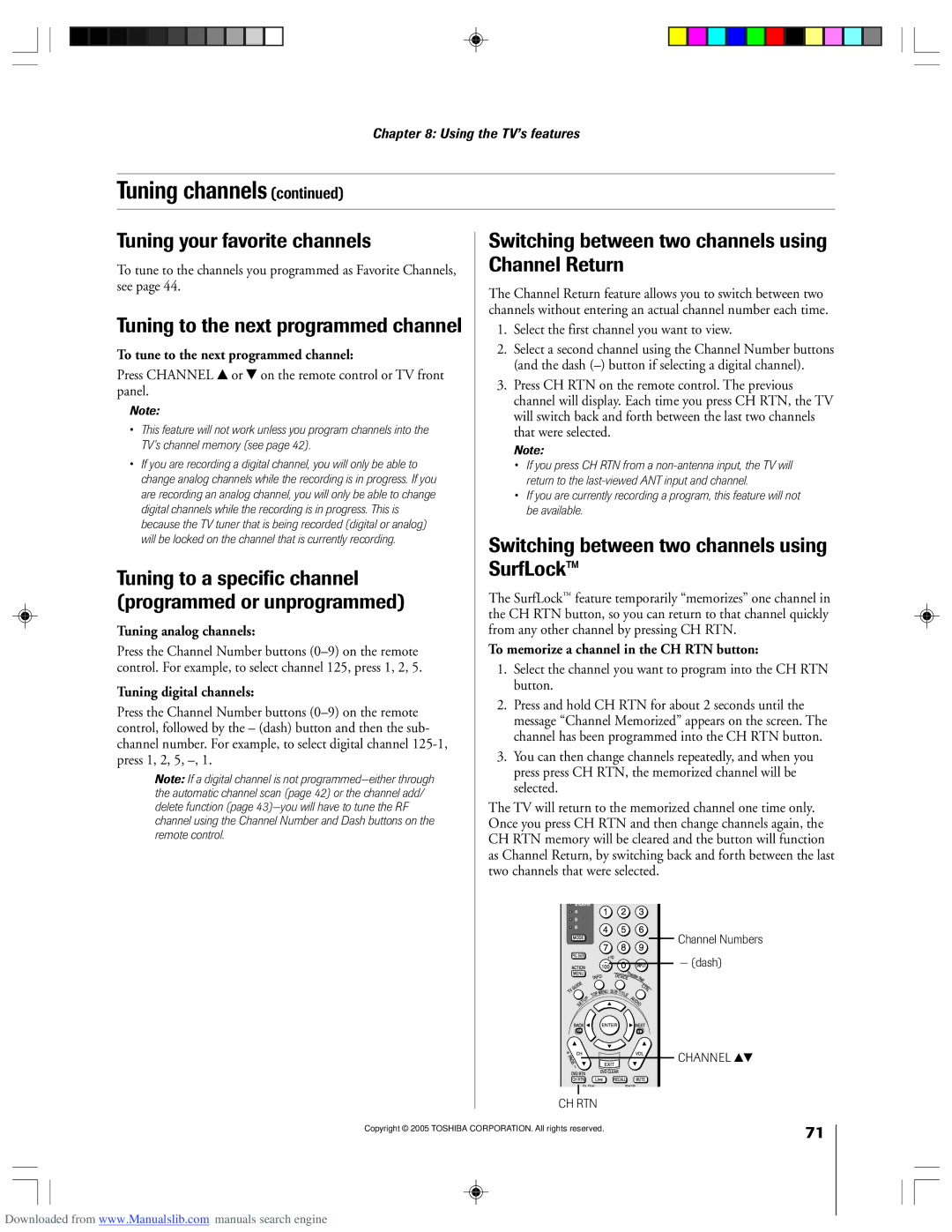 Toshiba 62HM15A owner manual Tuning your favorite channels, Tuning to the next programmed channel 