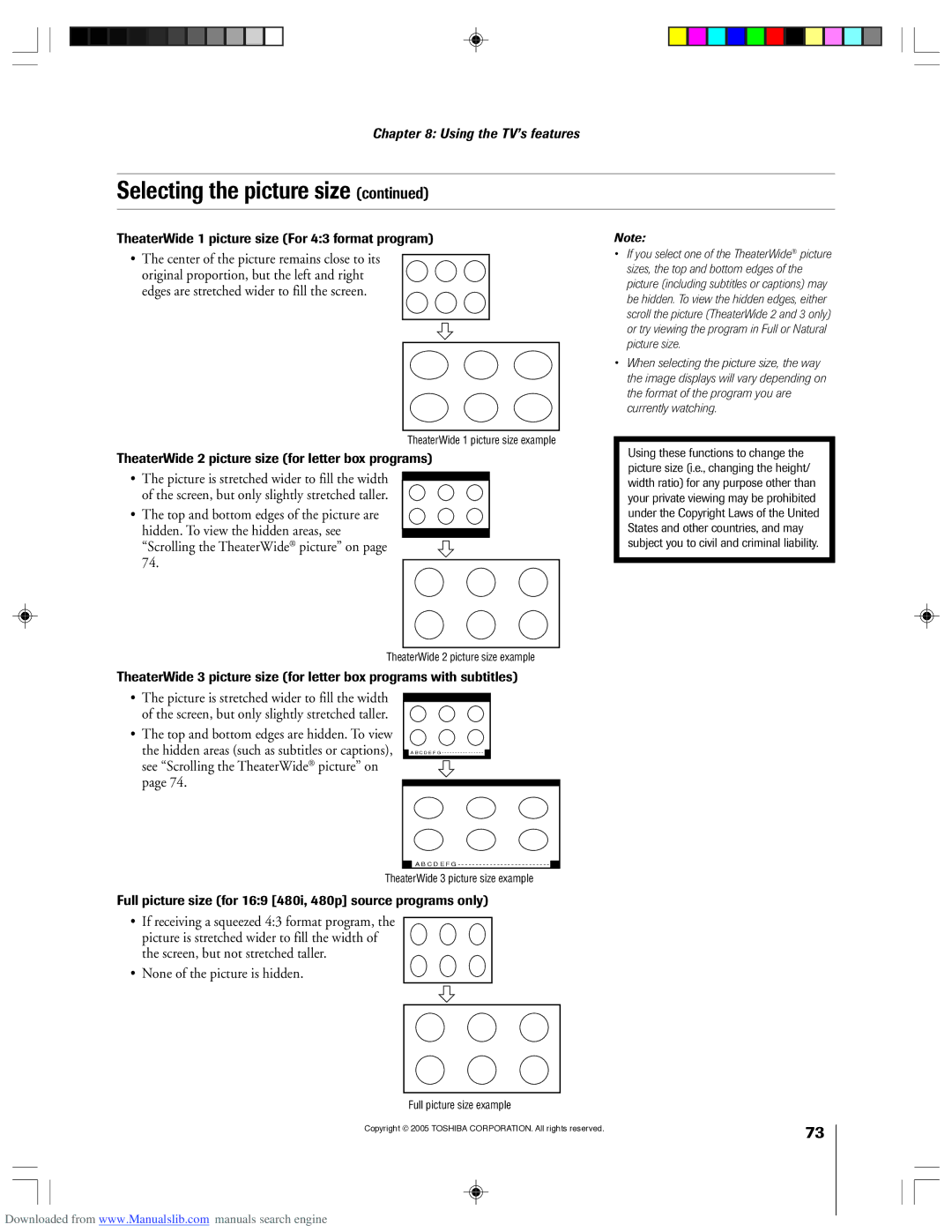 Toshiba 62HM15A owner manual Scrolling the TheaterWide picture on, None of the picture is hidden 