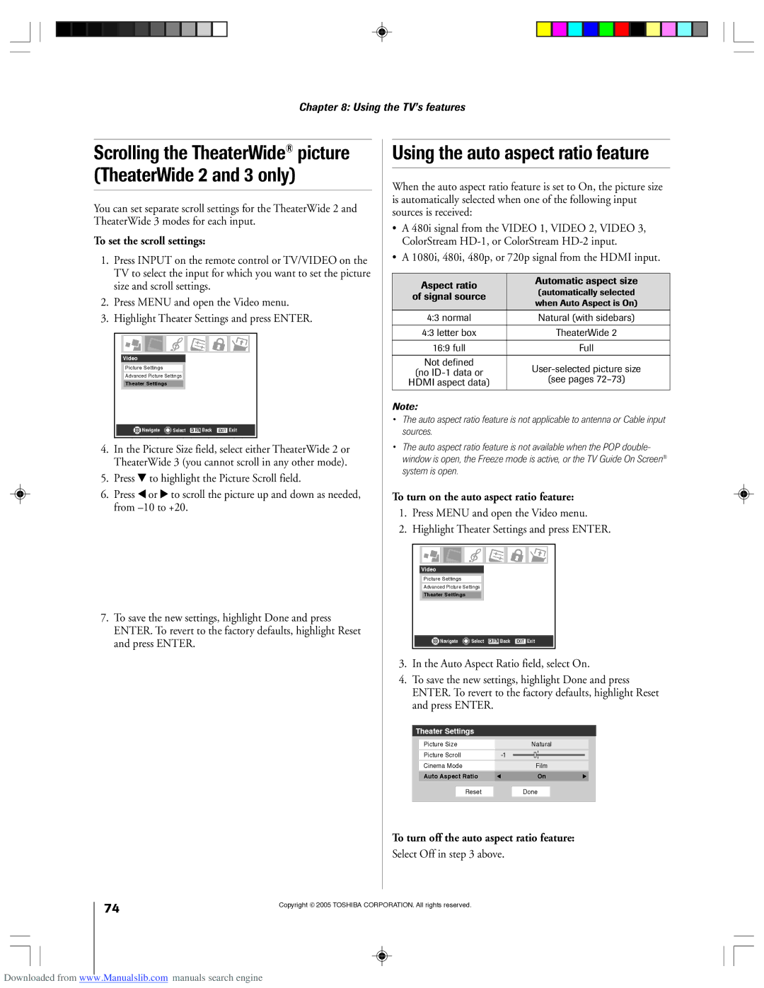 Toshiba 62HM15A Using the auto aspect ratio feature, Scrolling the TheaterWide picture TheaterWide 2 and 3 only 