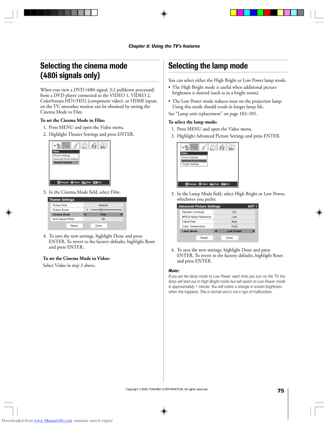 Toshiba 62HM15A owner manual Selecting the lamp mode, To set the Cinema Mode to Film, To set the Cinema Mode to Video 