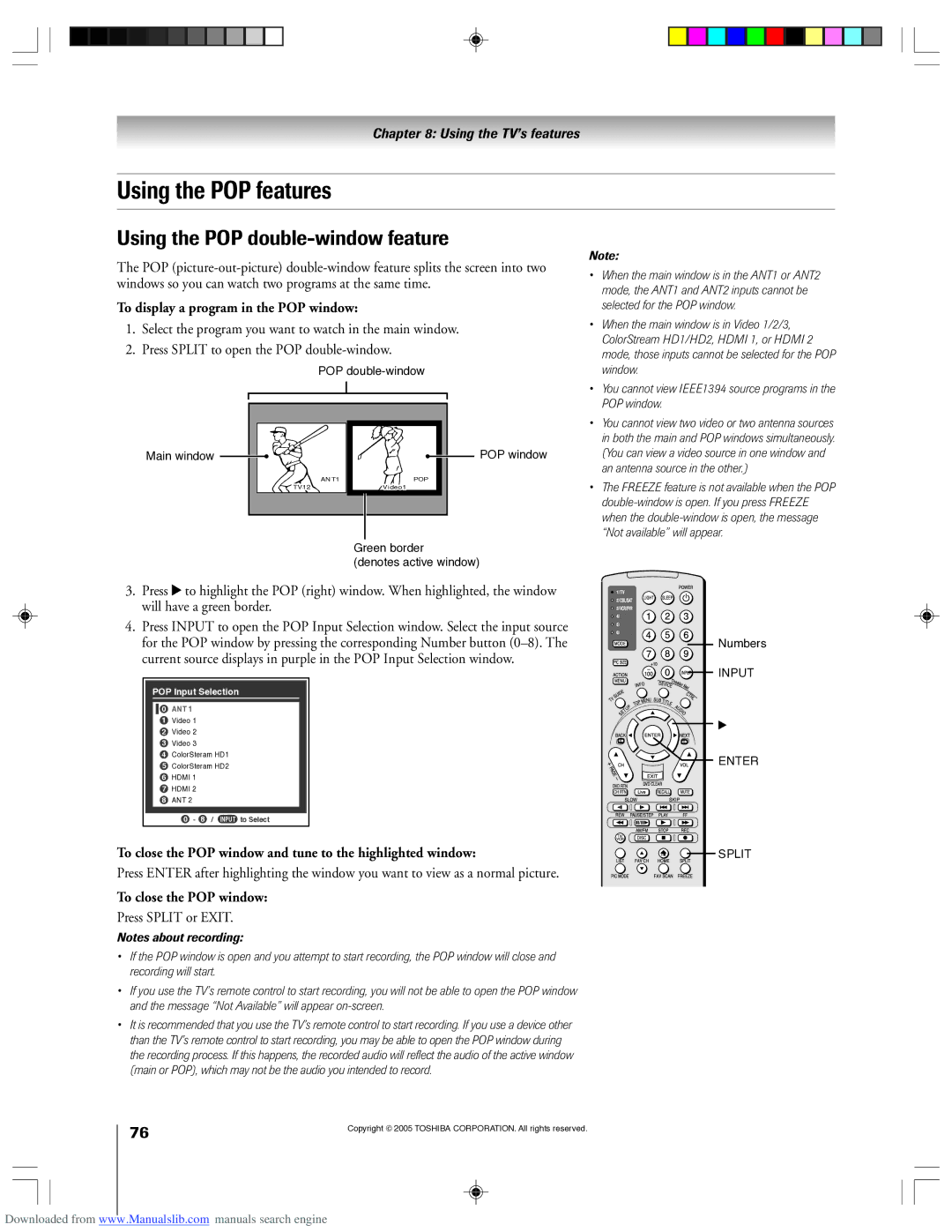 Toshiba 62HM15A Using the POP features, Using the POP double-window feature, To display a program in the POP window 