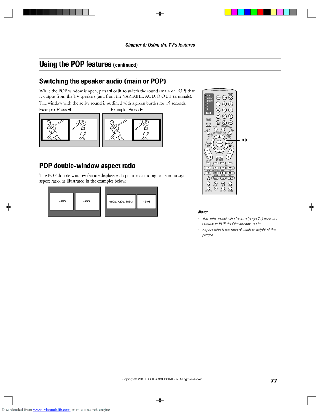 Toshiba 62HM15A owner manual Switching the speaker audio main or POP, POP double-window aspect ratio 