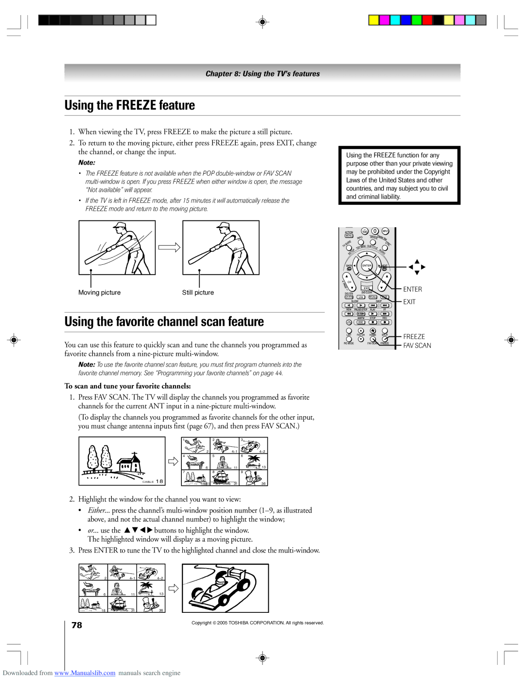 Toshiba 62HM15A Using the Freeze feature, Using the favorite channel scan feature, To scan and tune your favorite channels 