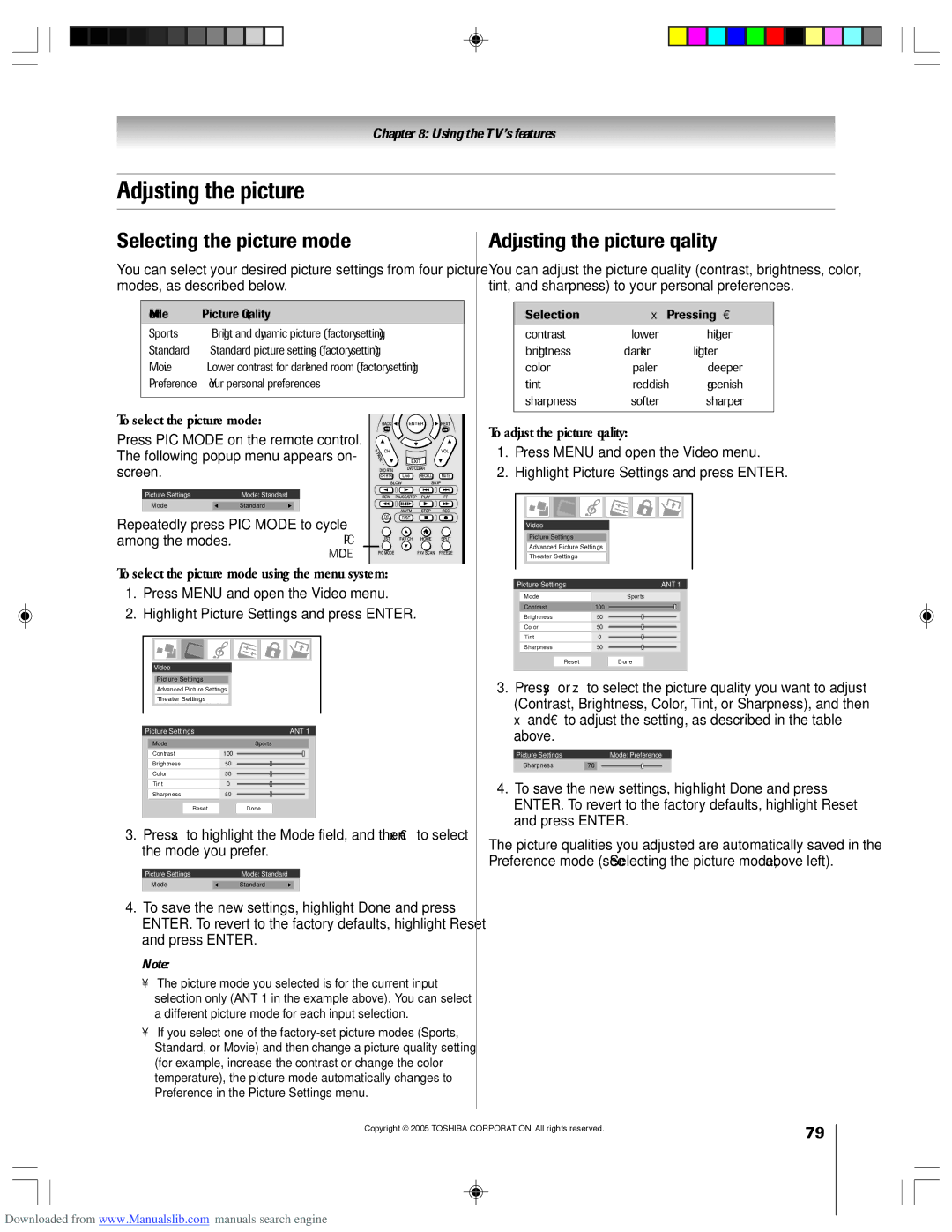 Toshiba 62HM15A owner manual Selecting the picture mode, Adjusting the picture quality 