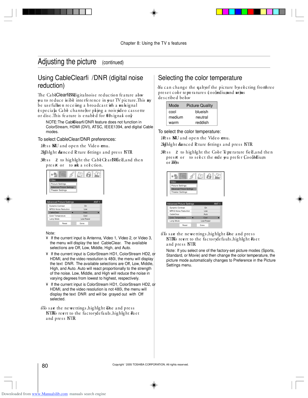 Toshiba 62HM15A owner manual Using CableClear/DNR digital noise reduction, Selecting the color temperature 