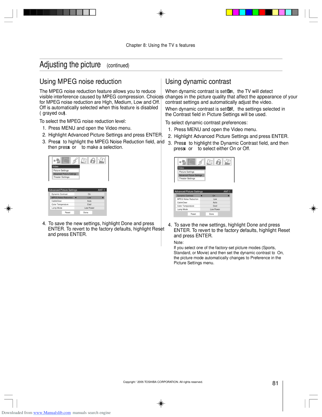 Toshiba 62HM15A owner manual Using Mpeg noise reduction, Using dynamic contrast, To select the Mpeg noise reduction level 