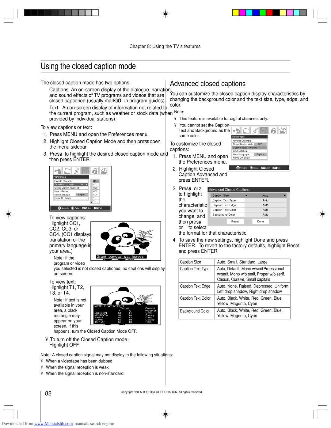 Toshiba 62HM15A owner manual Using the closed caption mode, Advanced closed captions 