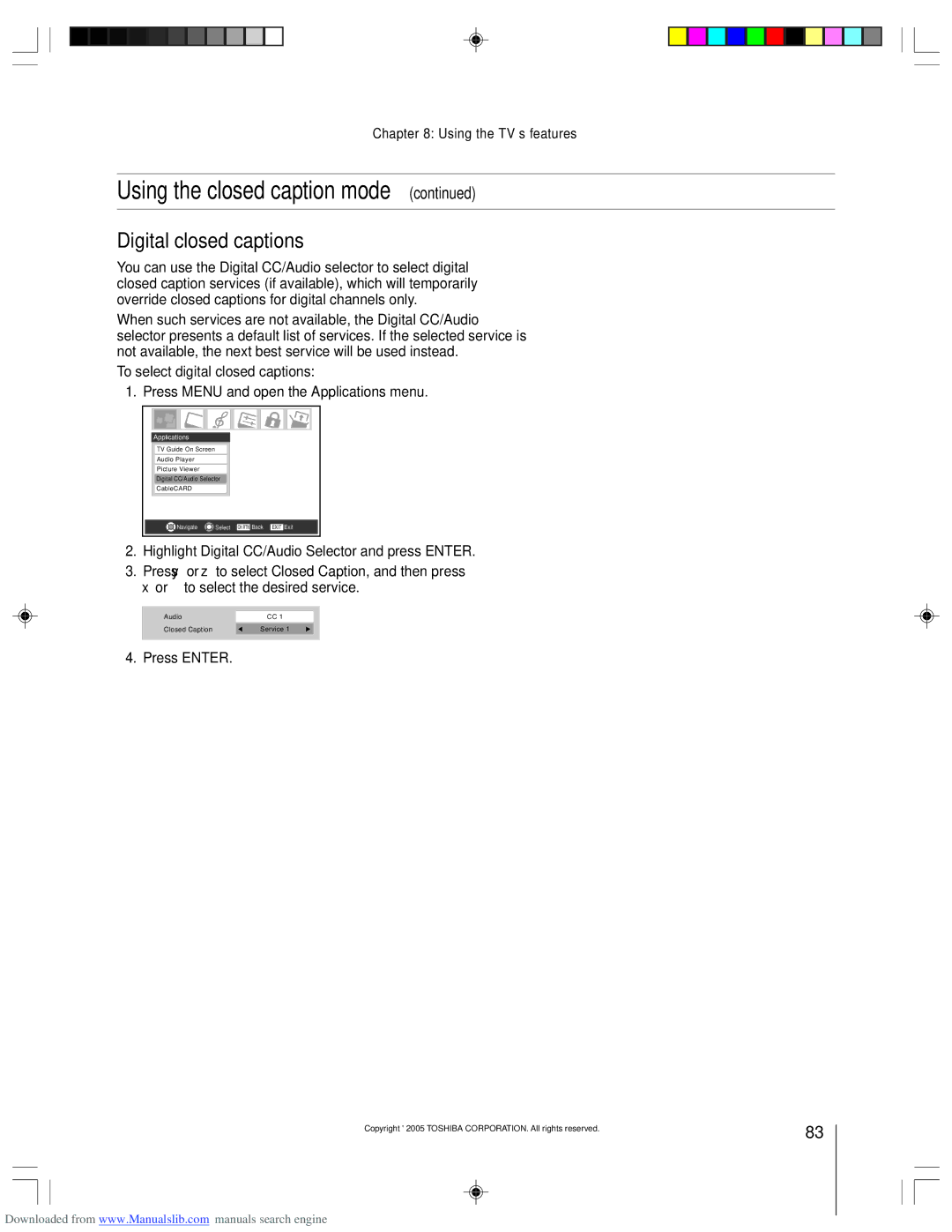 Toshiba 62HM15A Digital closed captions, To select digital closed captions, Press Menu and open the Applications menu 