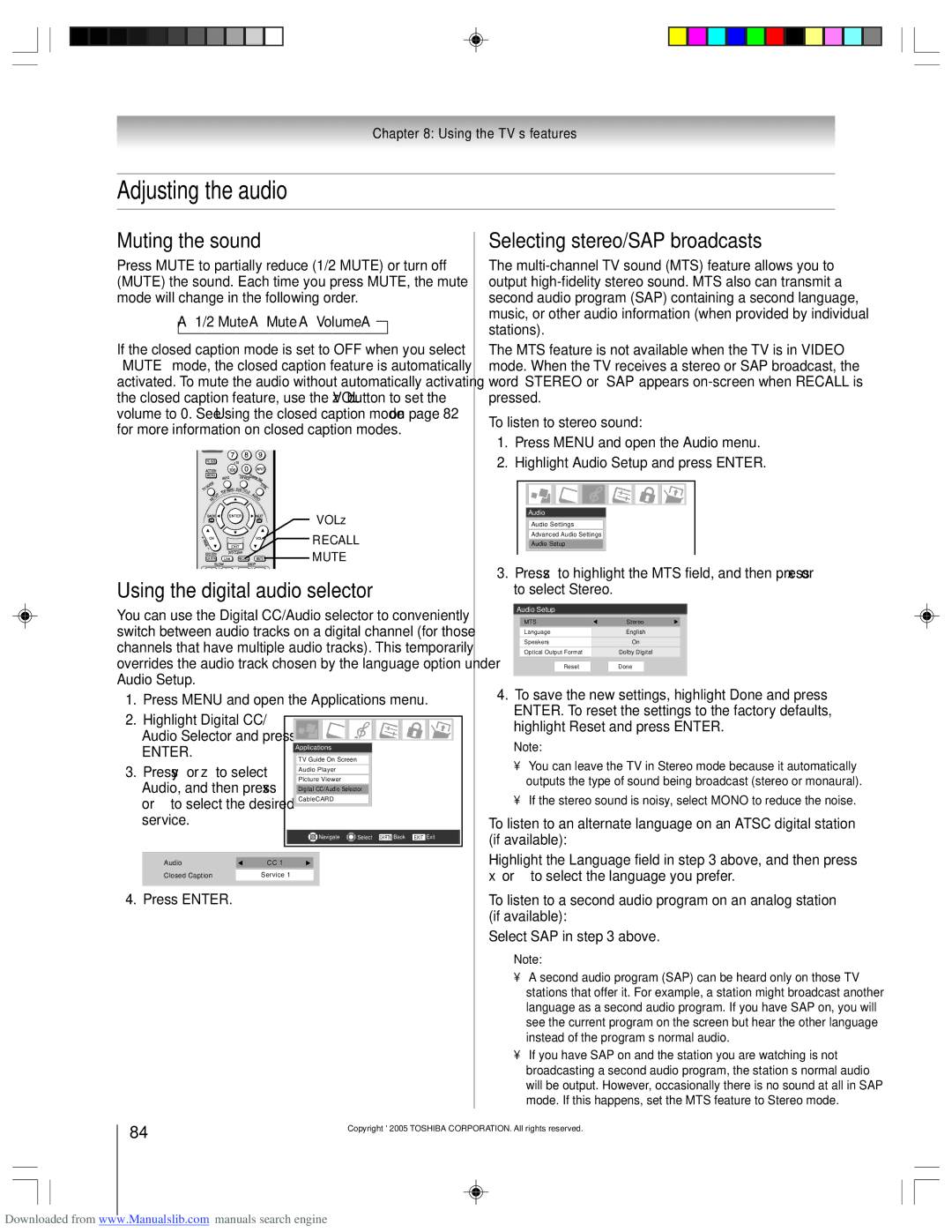 Toshiba 62HM15A Adjusting the audio, Muting the sound, Using the digital audio selector, Selecting stereo/SAP broadcasts 