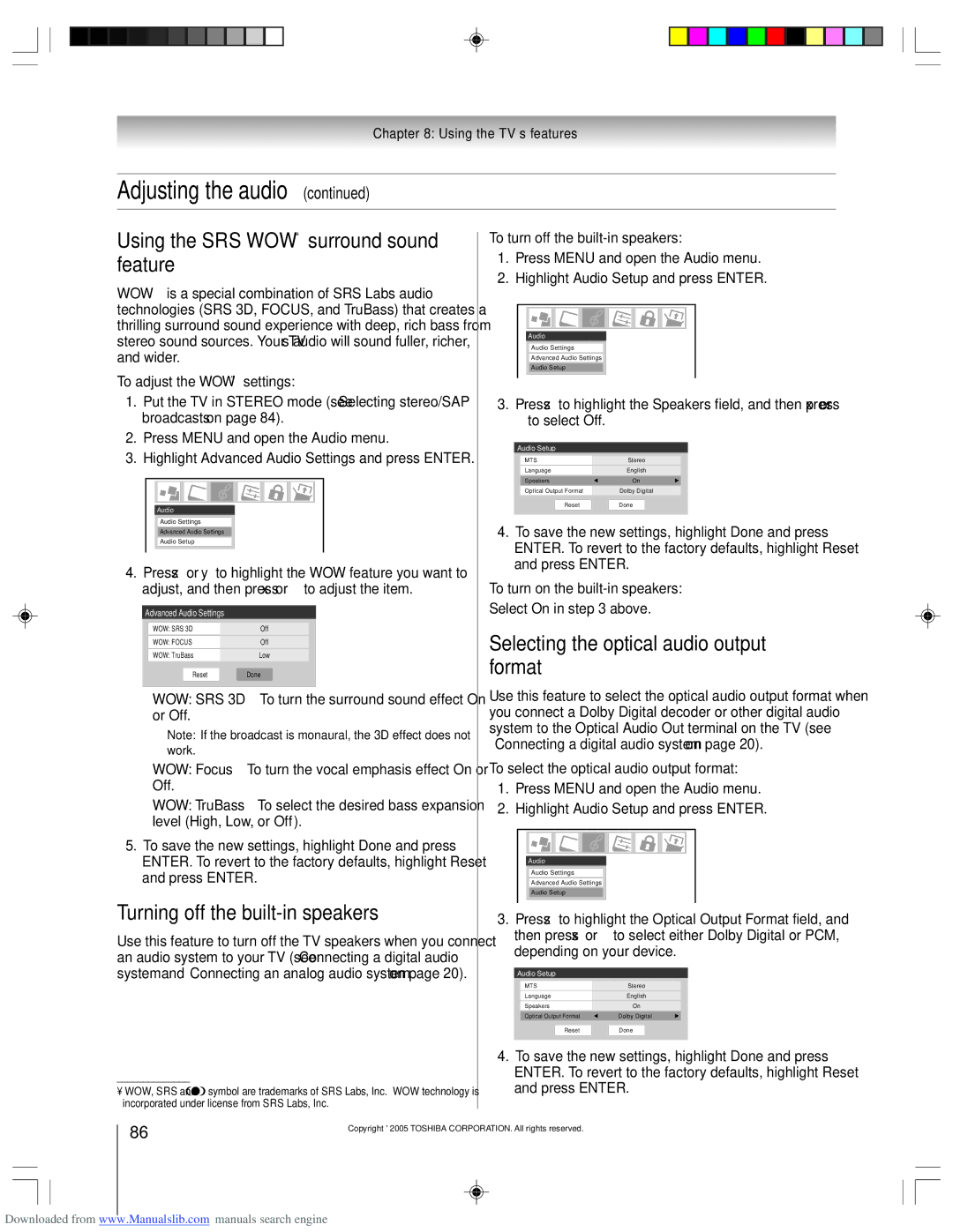 Toshiba 62HM15A owner manual Using the SRS WOW surround sound feature, Turning off the built-in speakers 