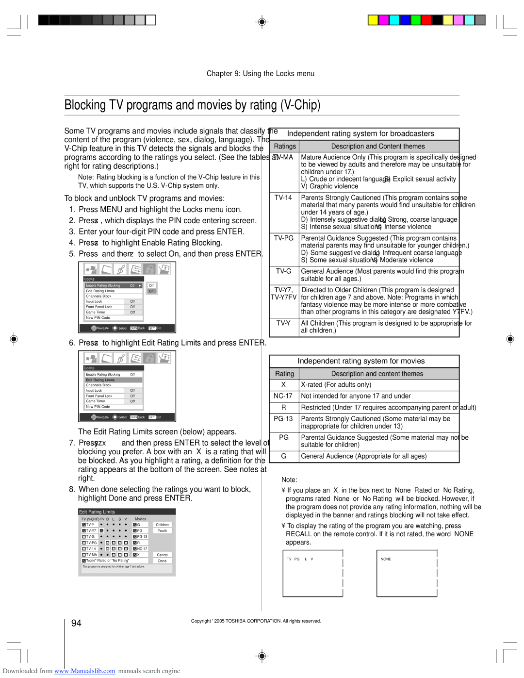 Toshiba 62HM15A owner manual Blocking TV programs and movies by rating V-Chip, To block and unblock TV programs and movies 