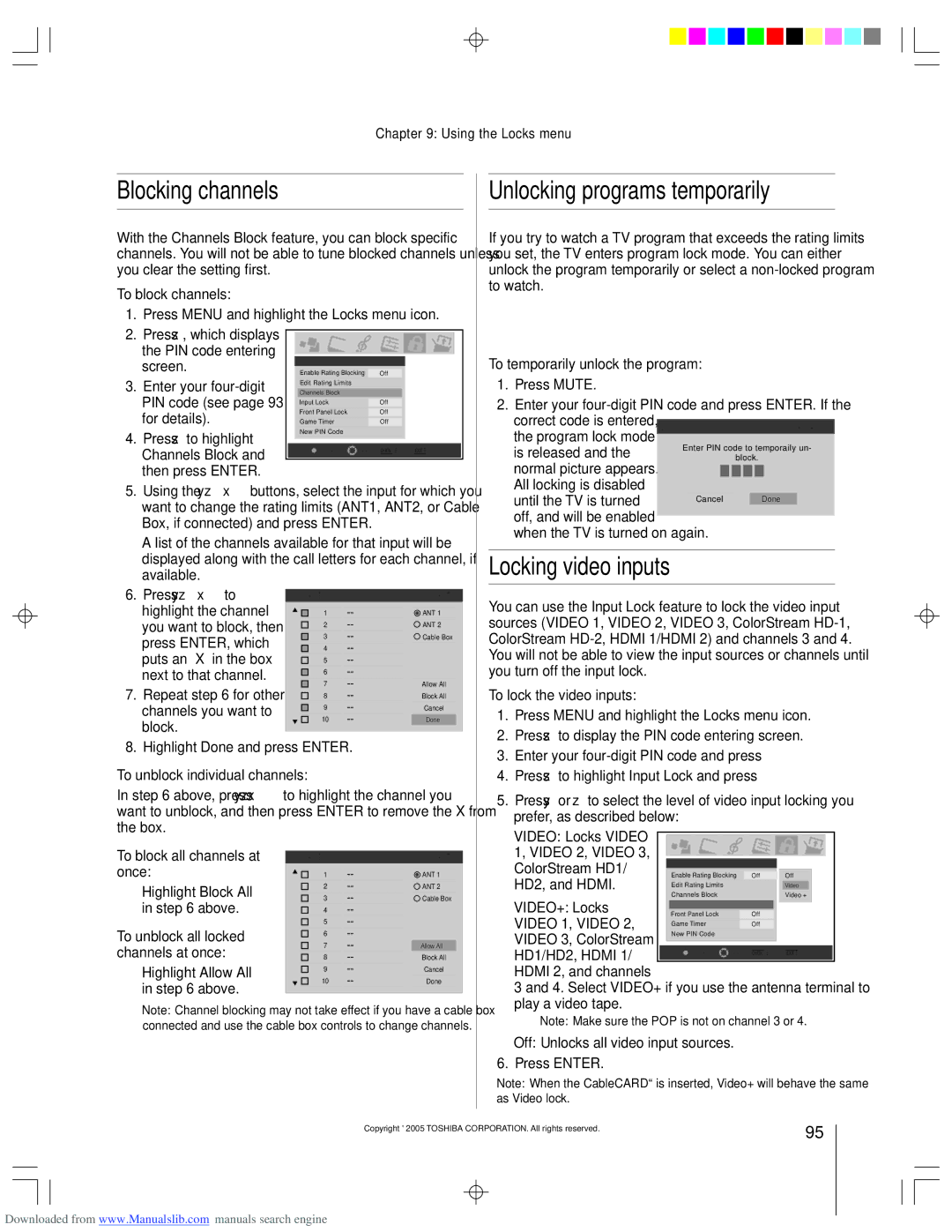 Toshiba 62HM15A owner manual Blocking channels, Unlocking programs temporarily, Locking video inputs 