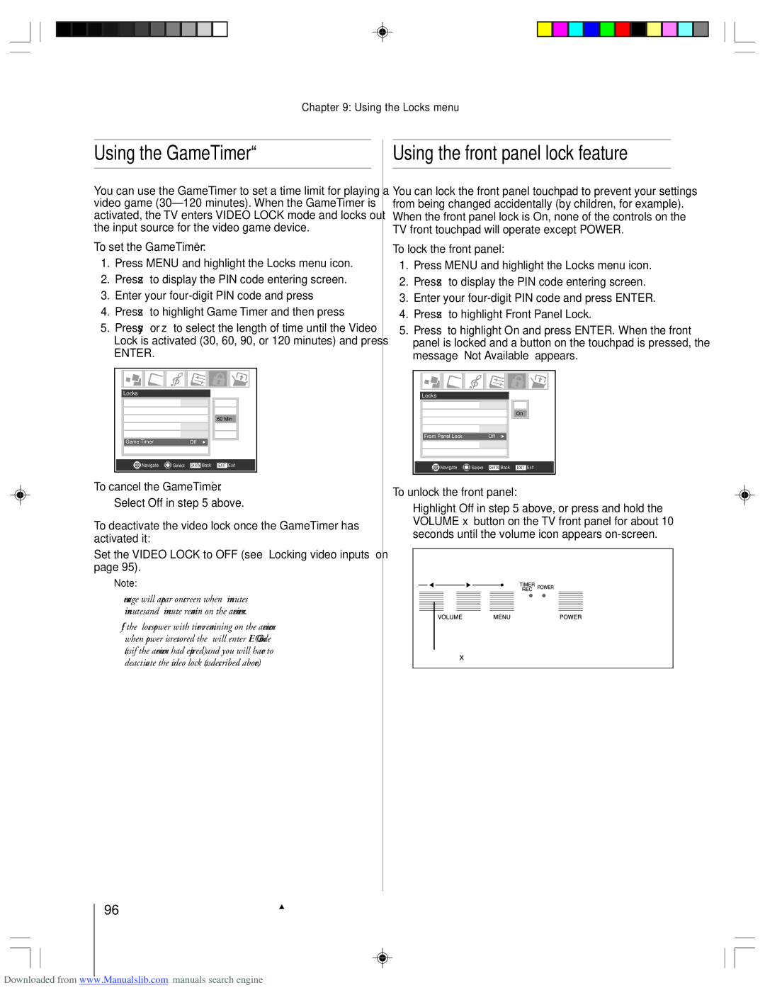 Toshiba 62HM15A owner manual Using the GameTimer, Using the front panel lock feature 