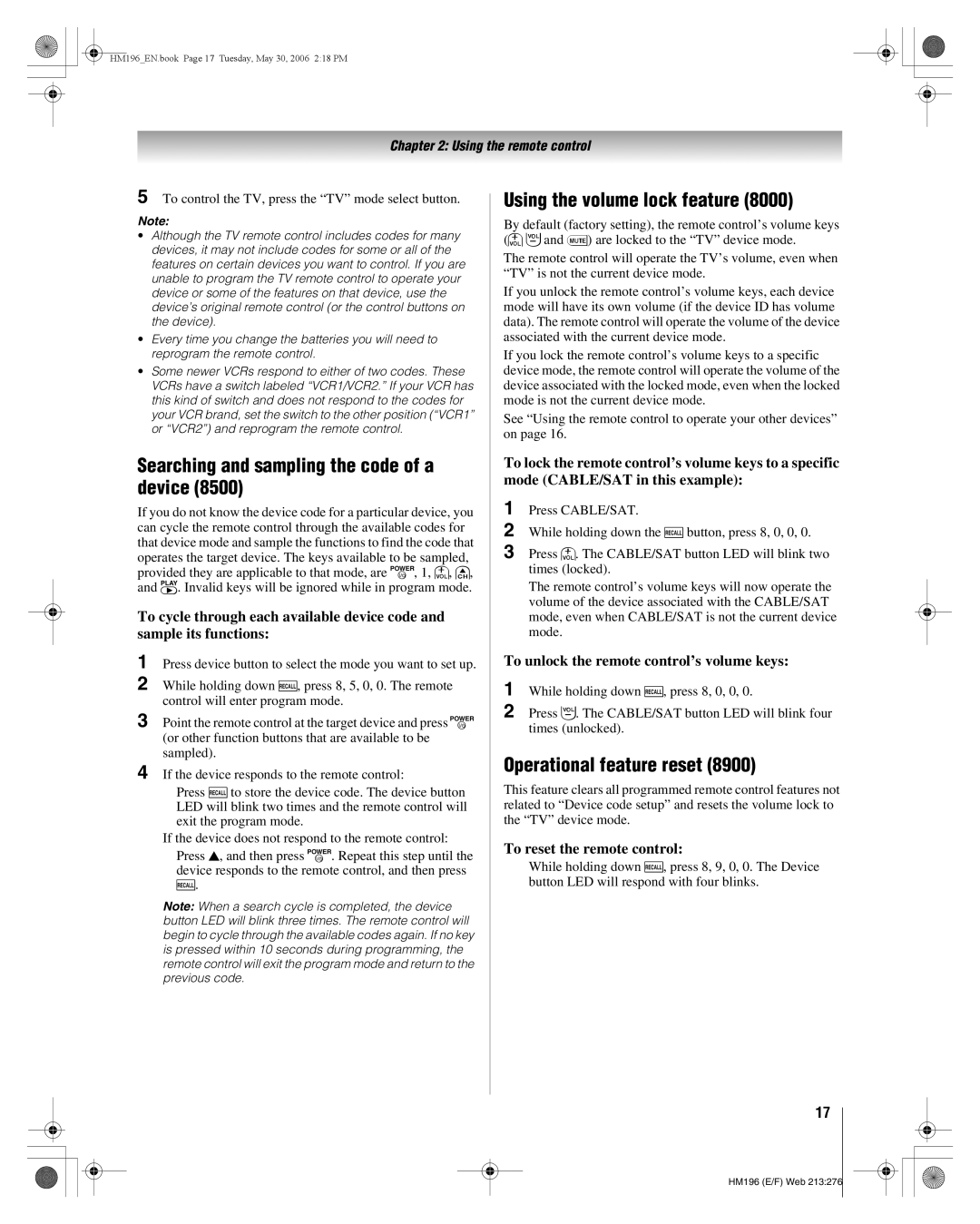 Toshiba 62HM196 Searching and sampling the code of a device, Using the volume lock feature, Operational feature reset 