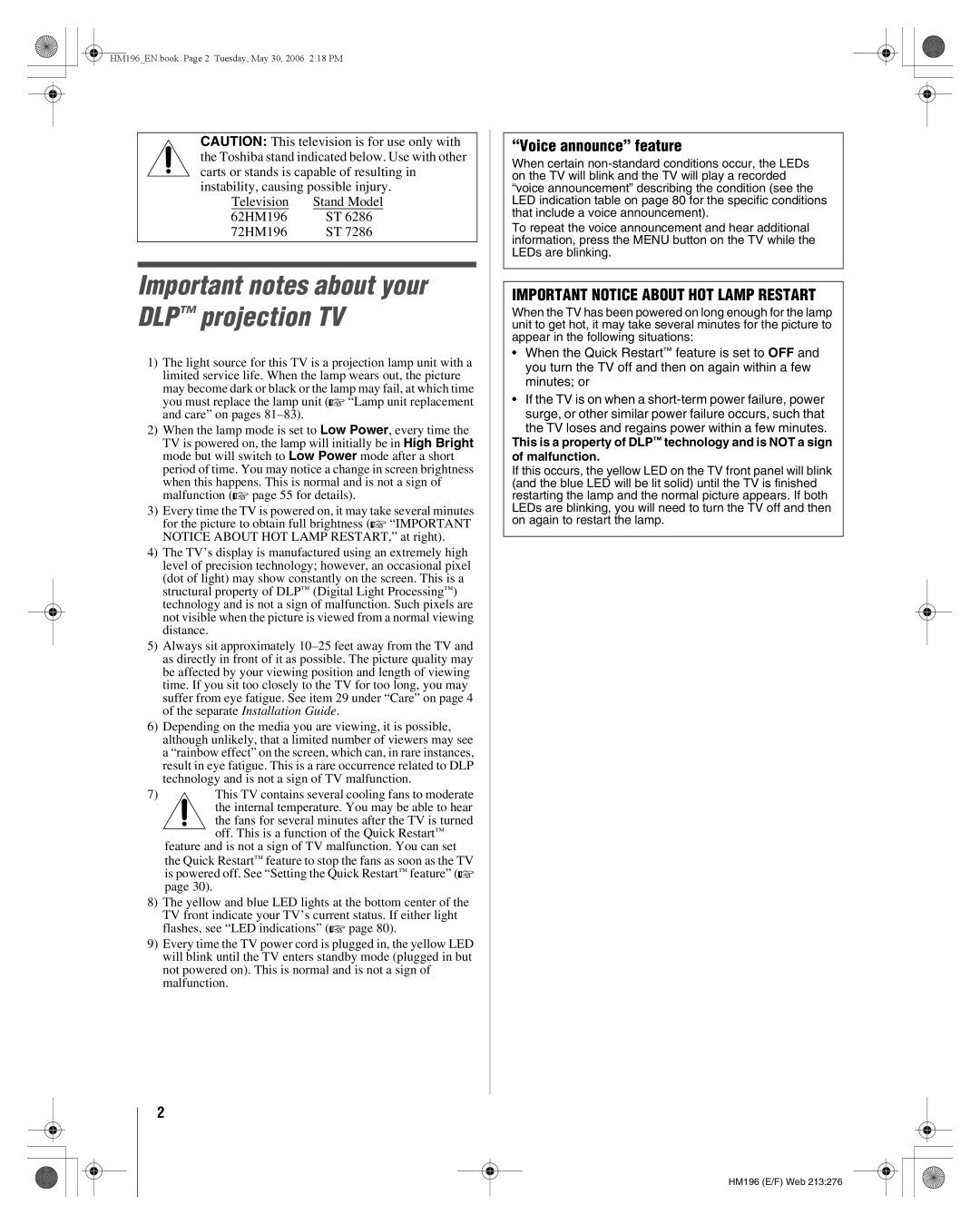 Toshiba manual Voice announce feature, Television Stand Model 62HM196 72HM196 