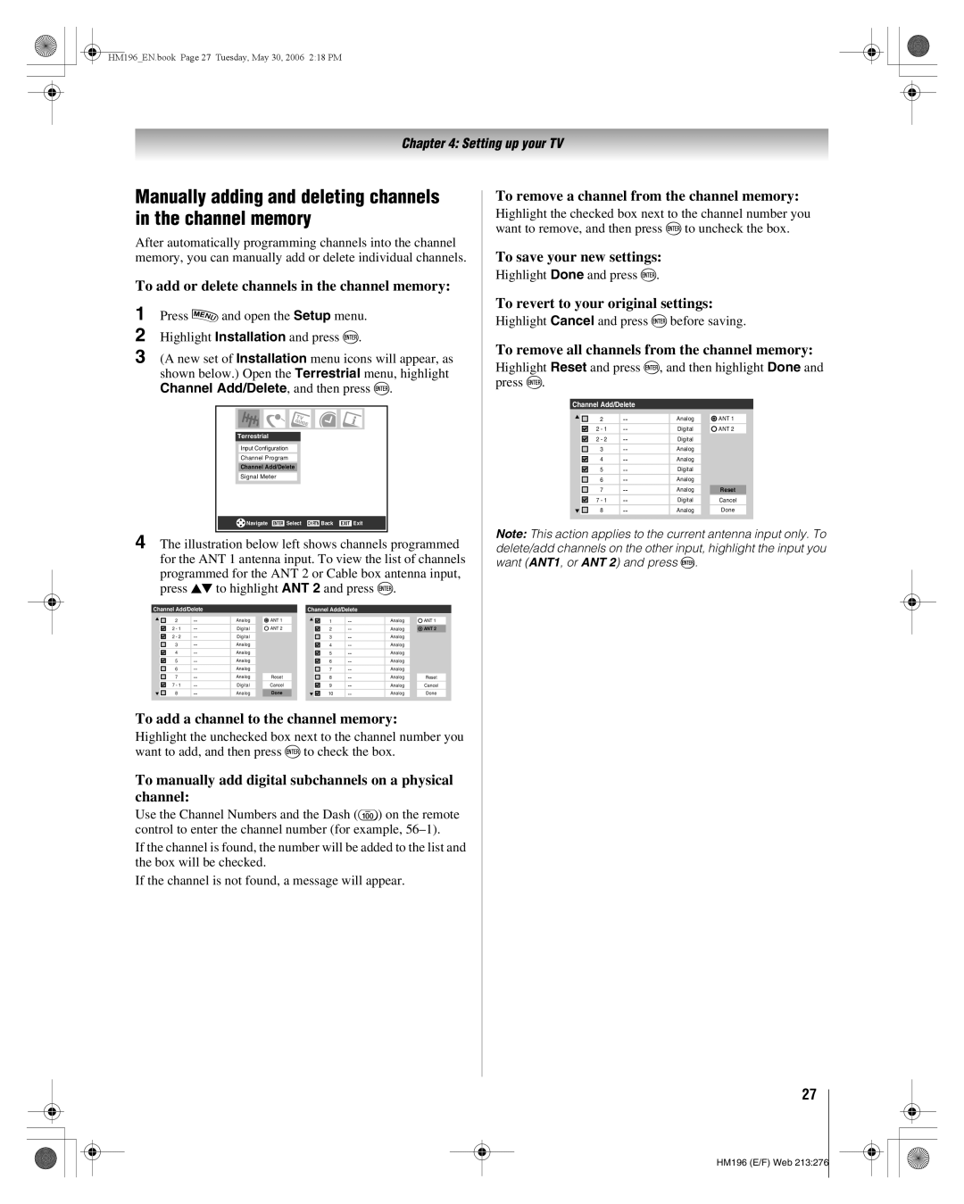 Toshiba 62HM196 manual Manually adding and deleting channels in the channel memory 