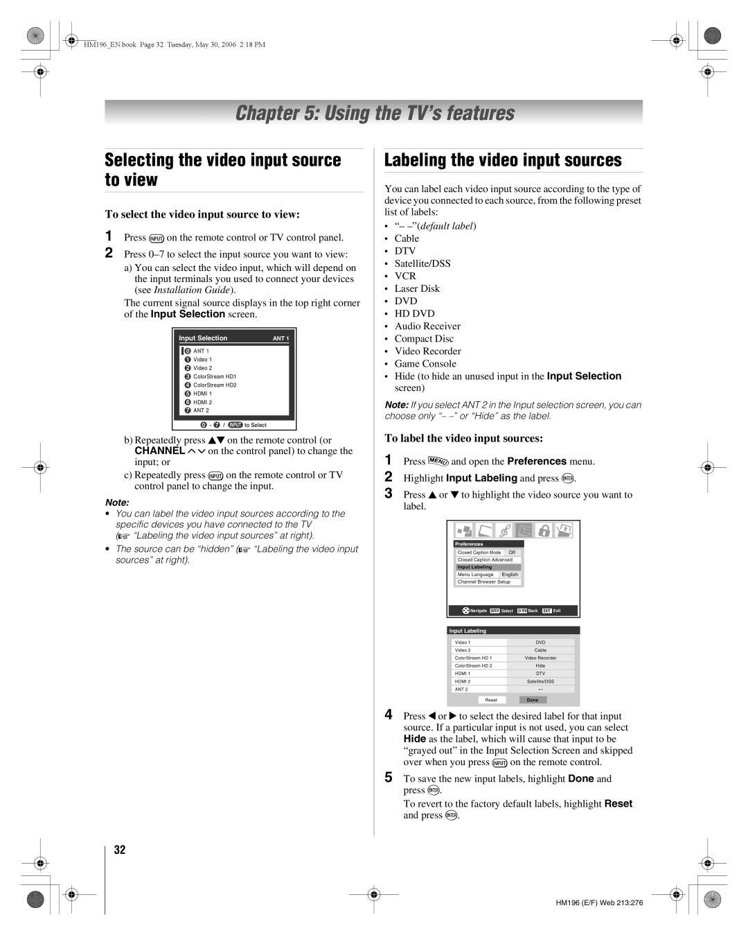 Toshiba 62HM196 manual Using the TV’s features, Labeling the video input sources, To label the video input sources 