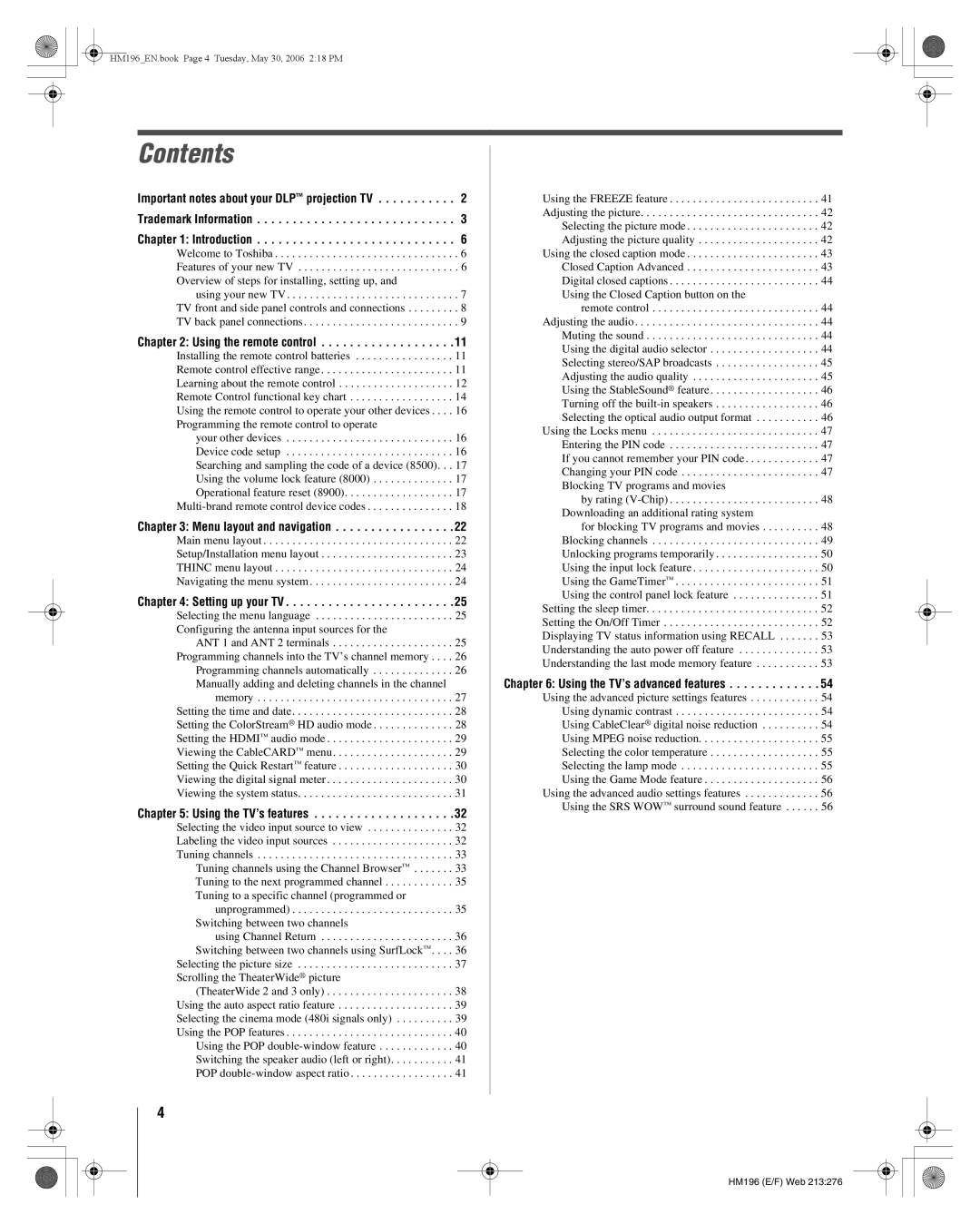 Toshiba 62HM196 manual Contents 