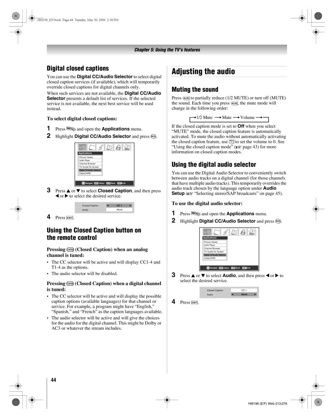 Toshiba 62HM196 manual Adjusting the audio, Digital closed captions, Using the Closed Caption button on the remote control 